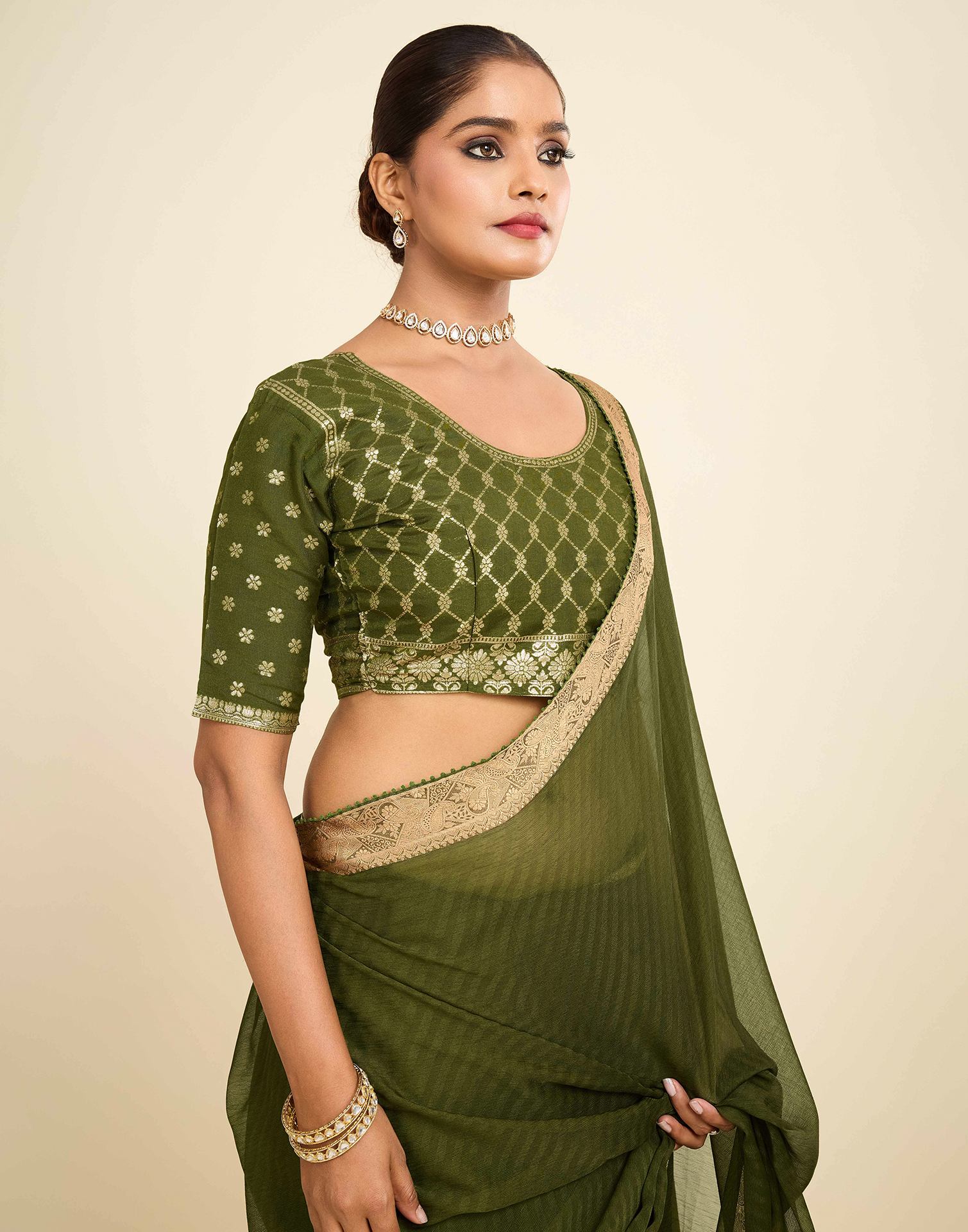 Green Chiffon Lace Saree - Image 2