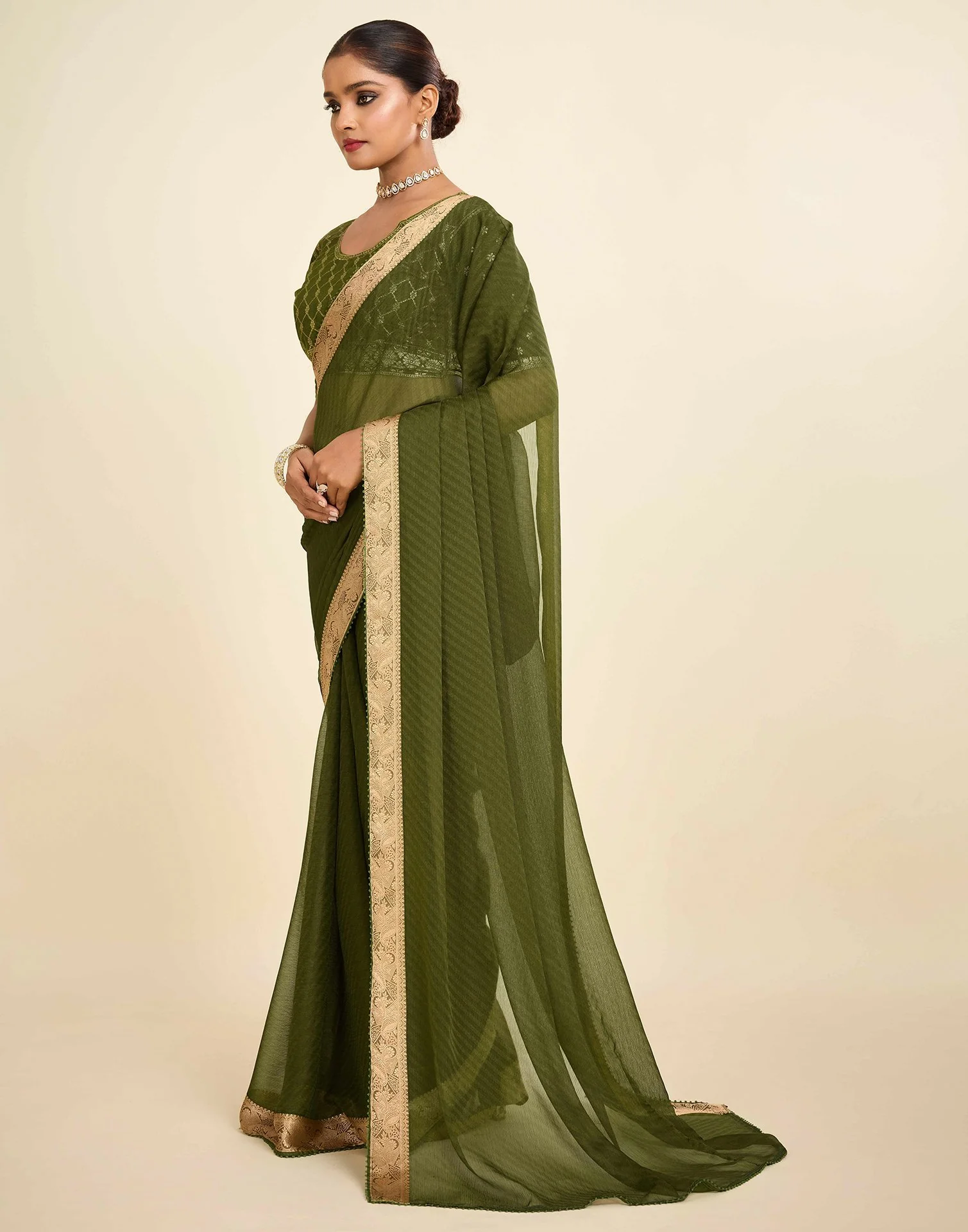 Green Chiffon Lace Saree - Image 4