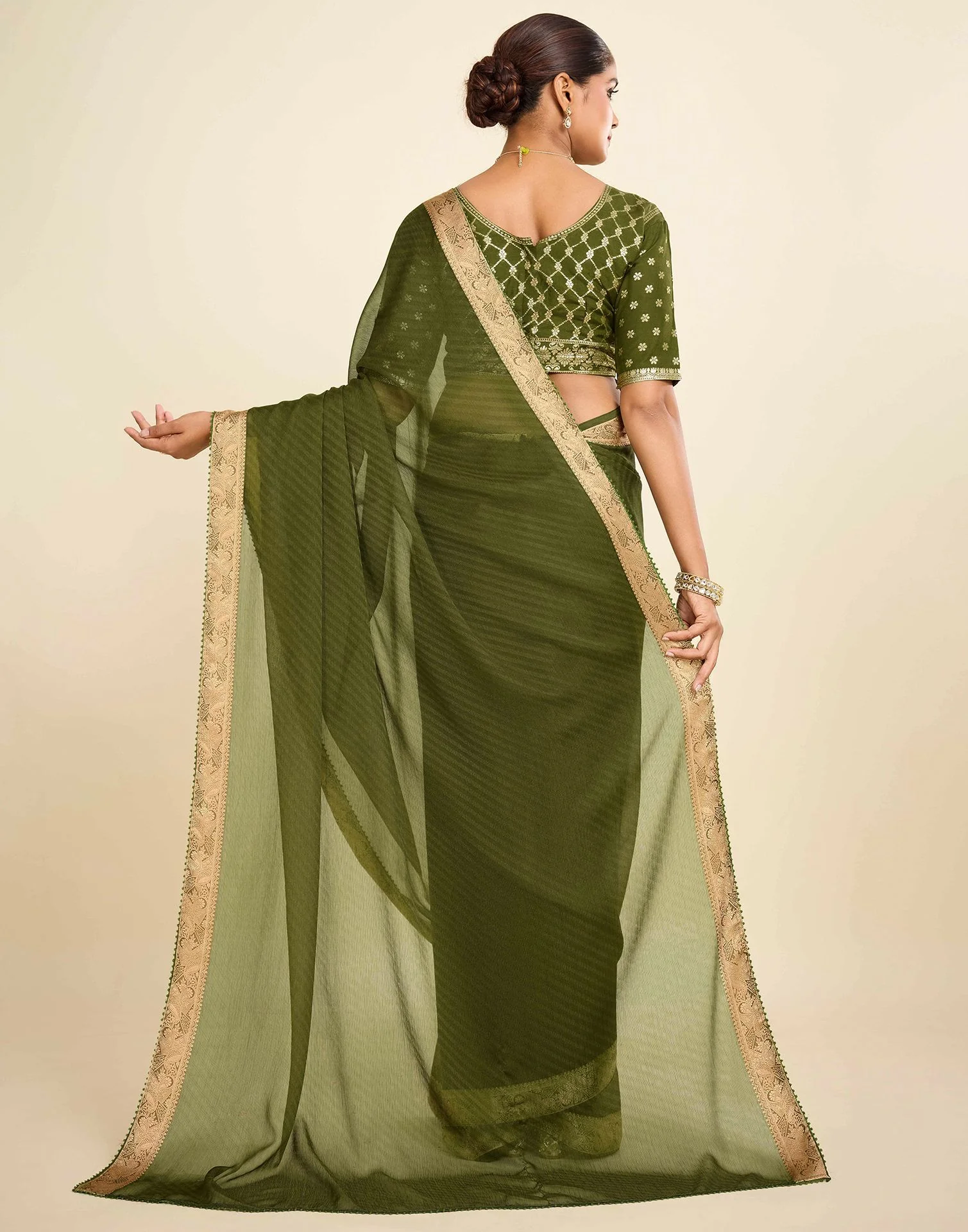 Green Chiffon Lace Saree - Image 5
