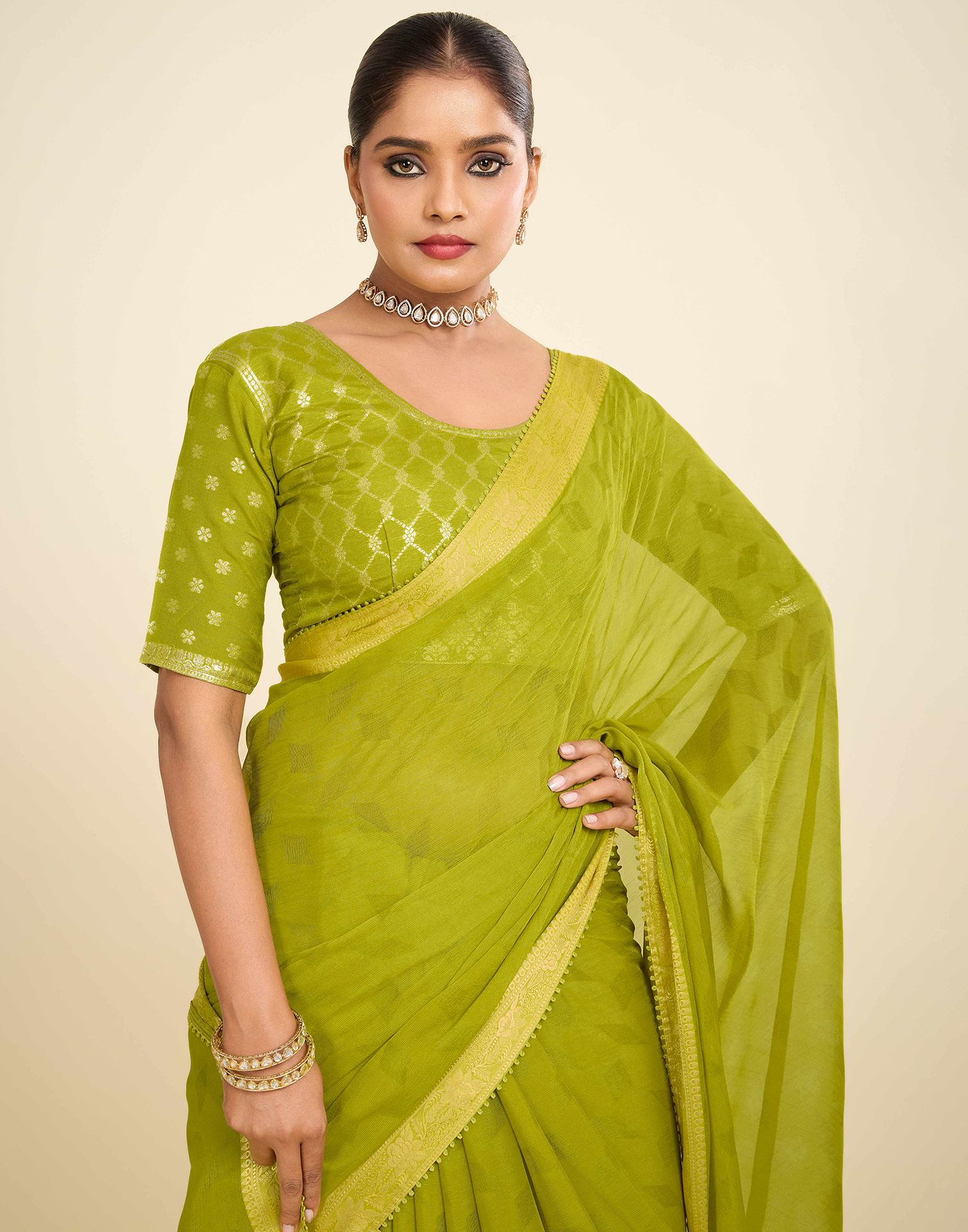 Green Chiffon Lace Saree - Image 2