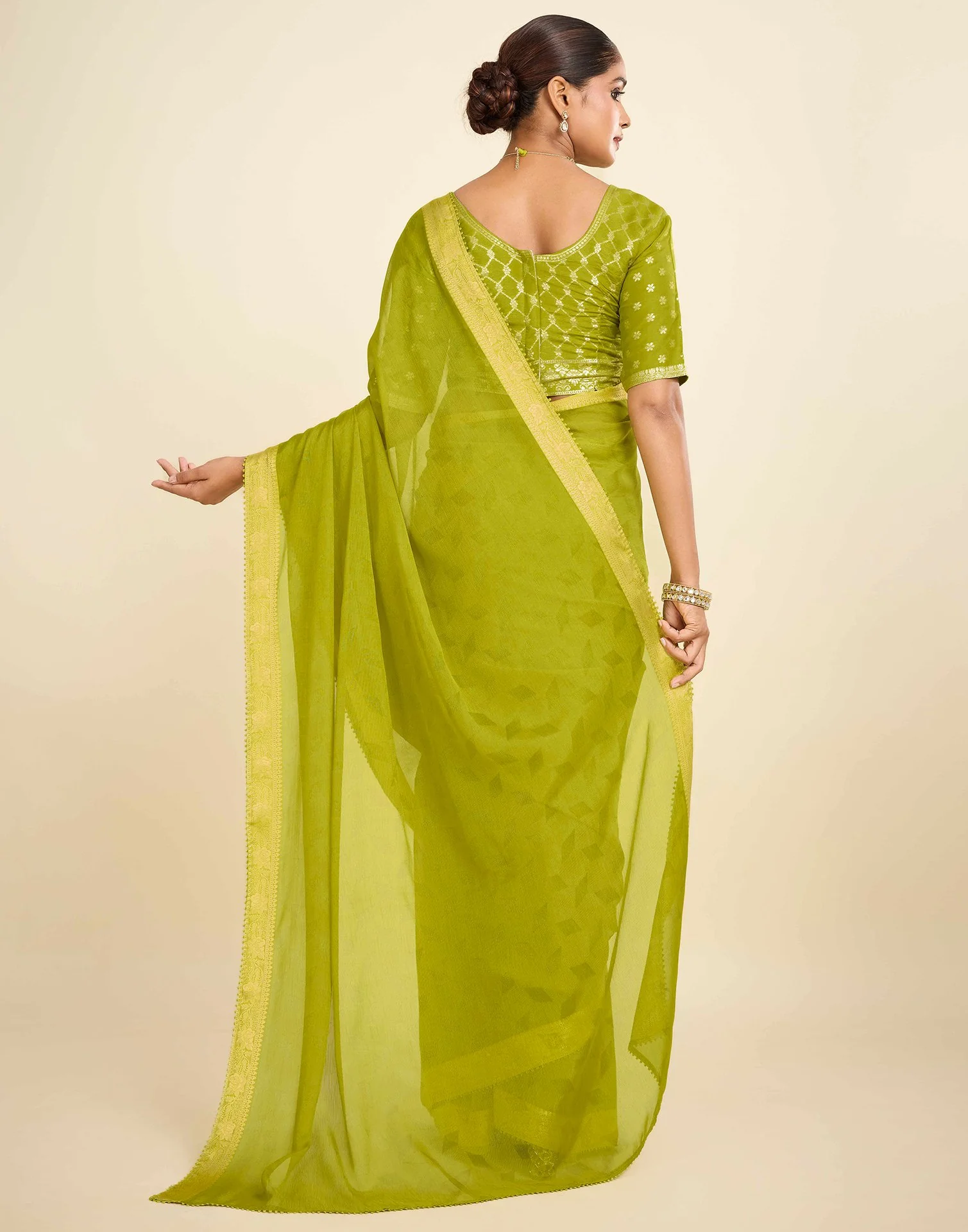 Green Chiffon Lace Saree - Image 5