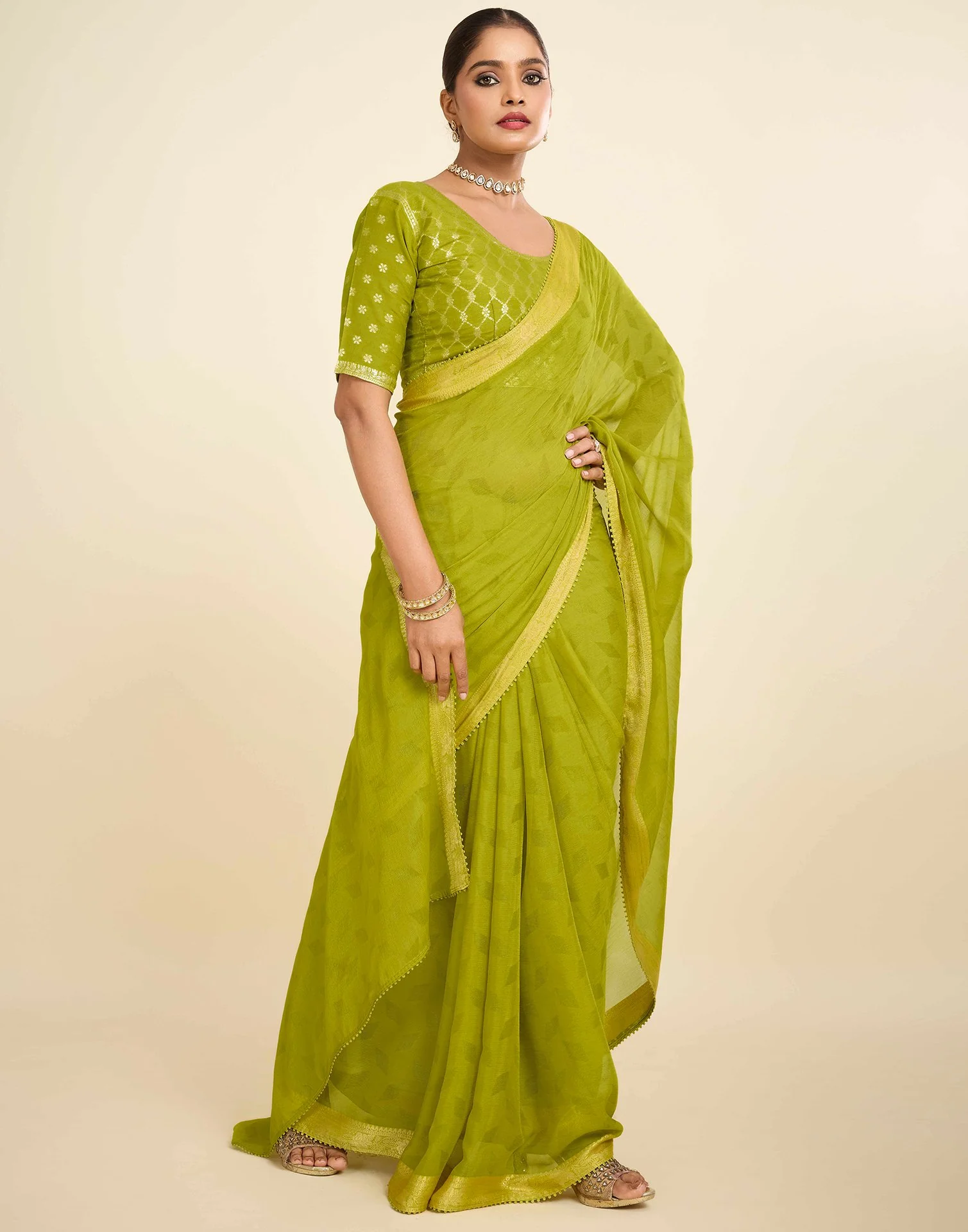 Green Chiffon Lace Saree - Image 6