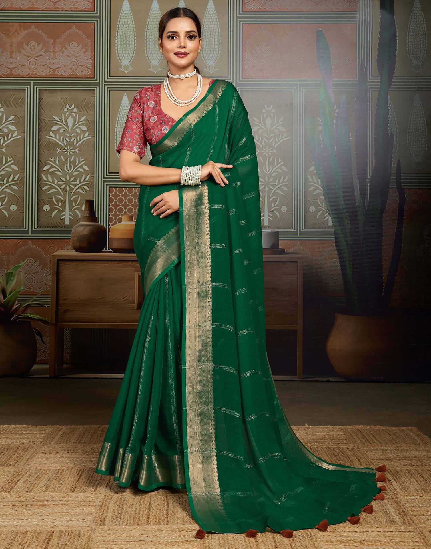 Green Chiffon Woven Zari Stripe Saree