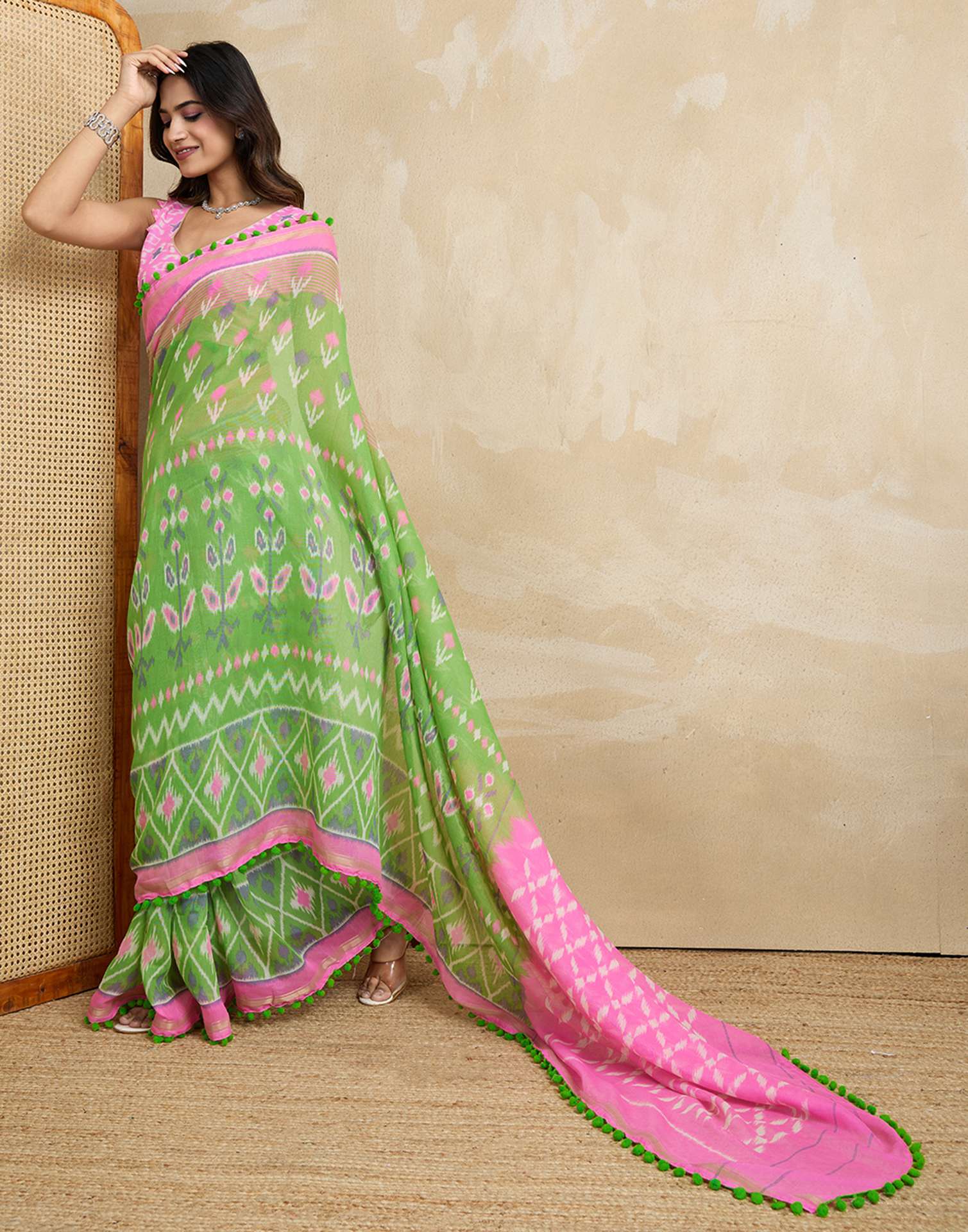 Green Cotton Blend Ikkat Printed Saree - Image 6