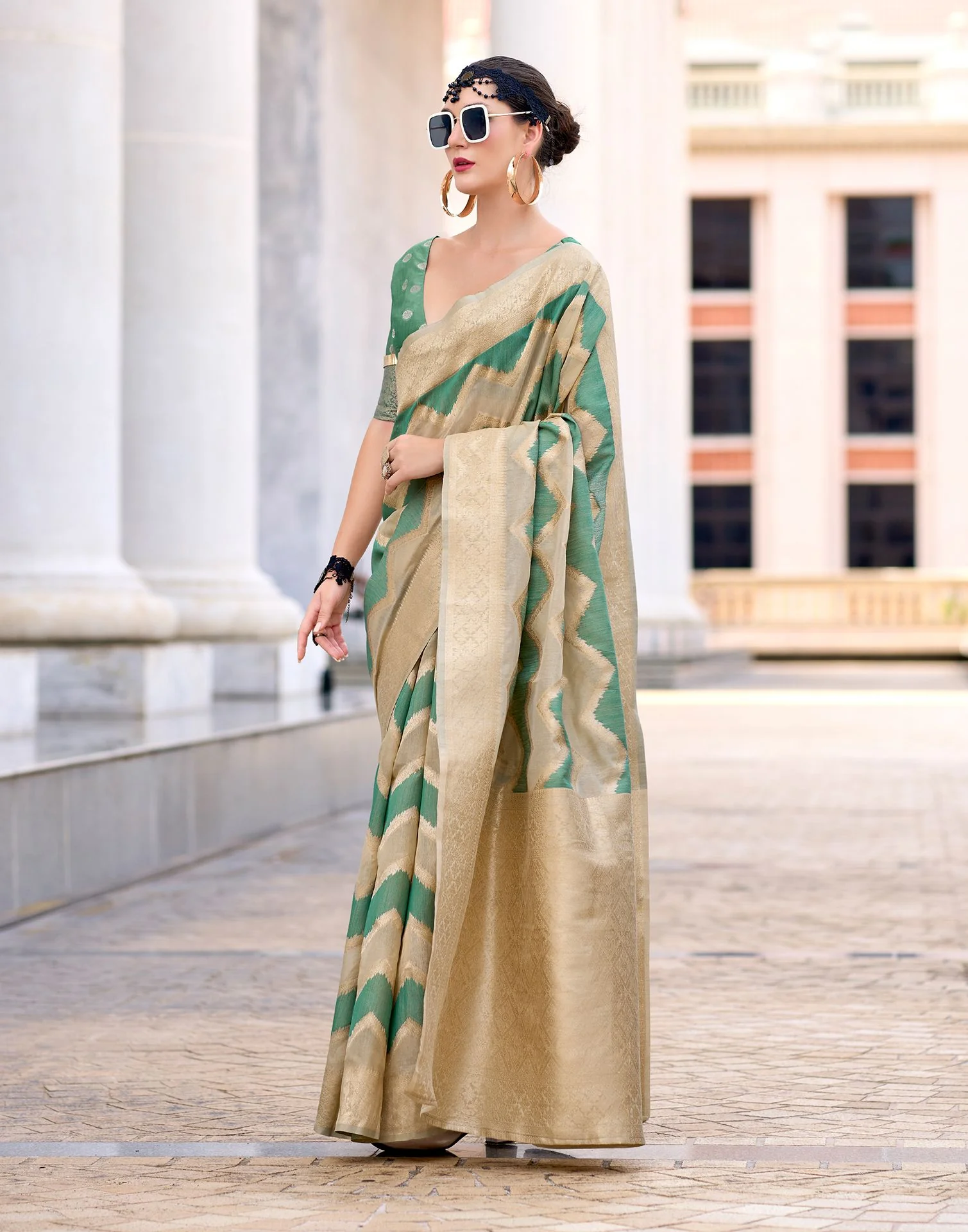 Green Cotton Linen Woven Saree