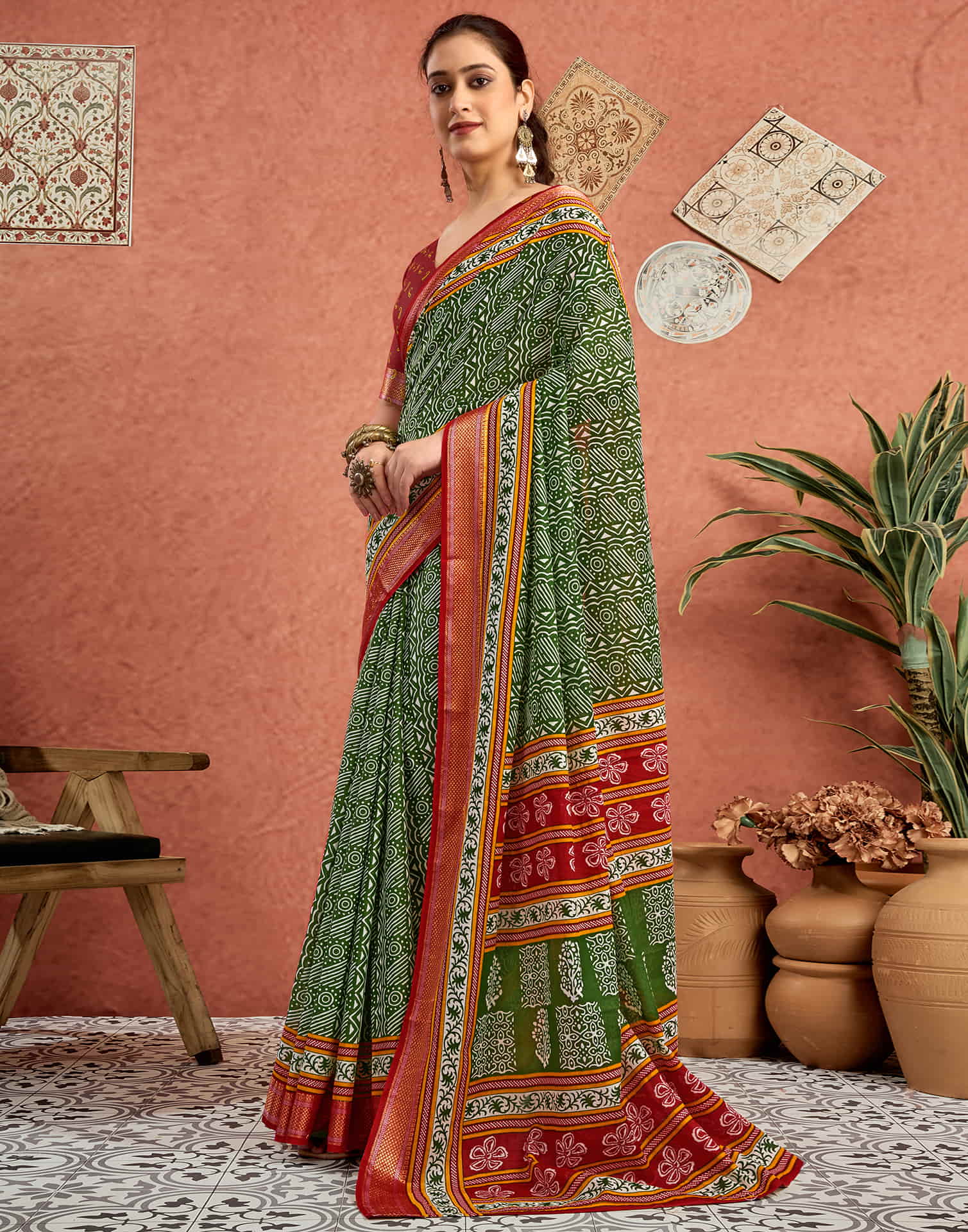 Green Cotton Printed Saree - Image 5