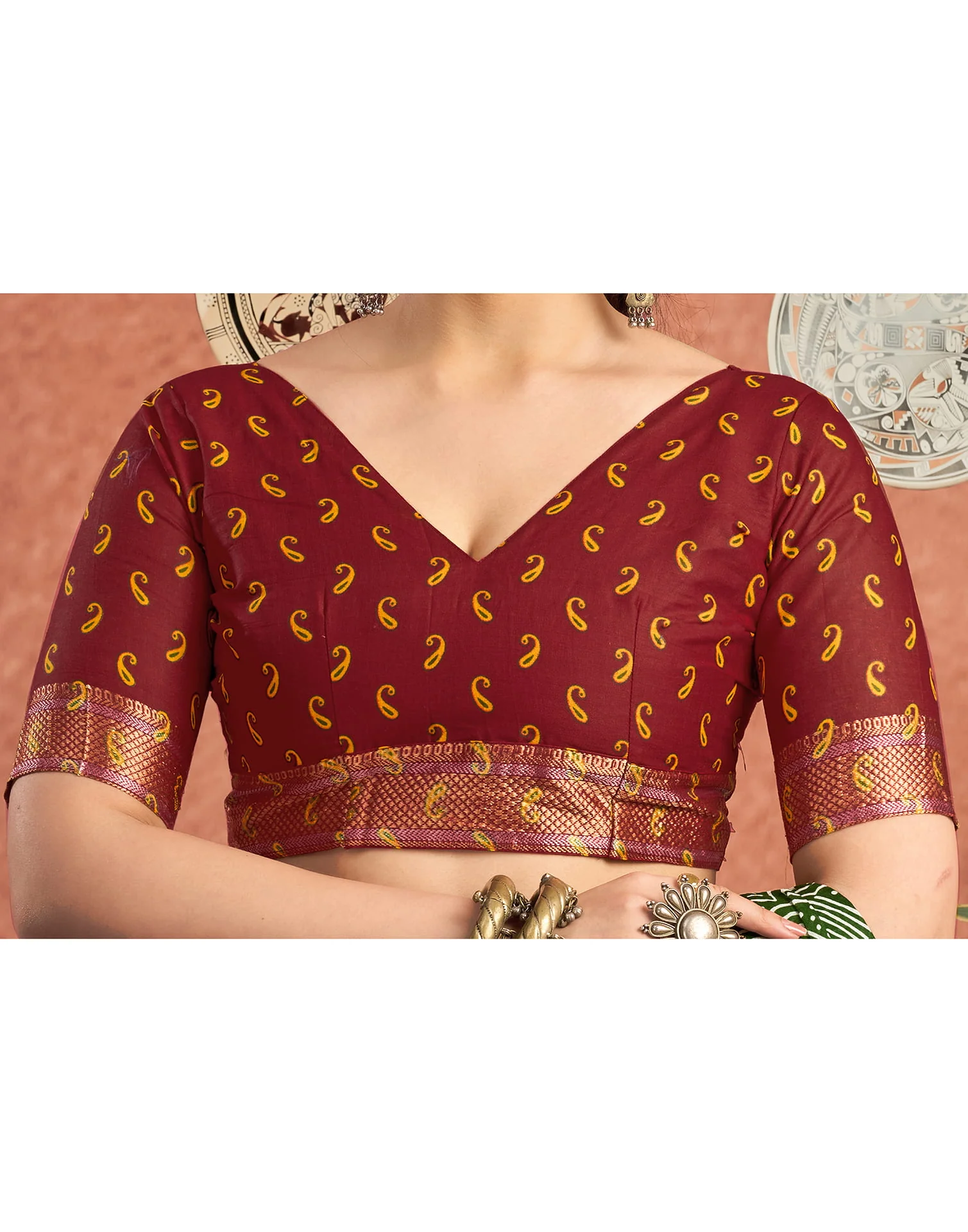 Green Cotton Printed Saree - Image 7