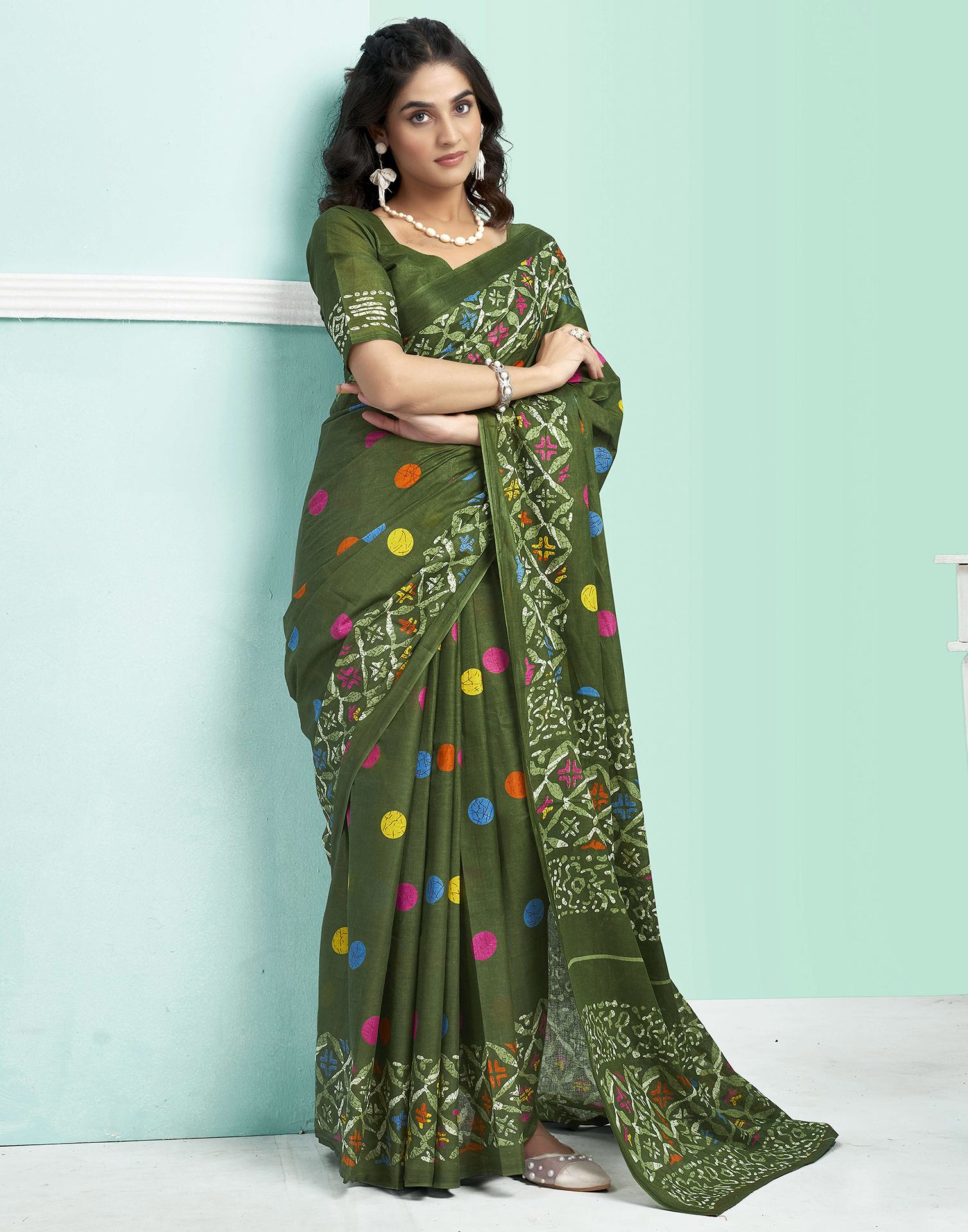 Green Cotton Printed Saree - Image 5