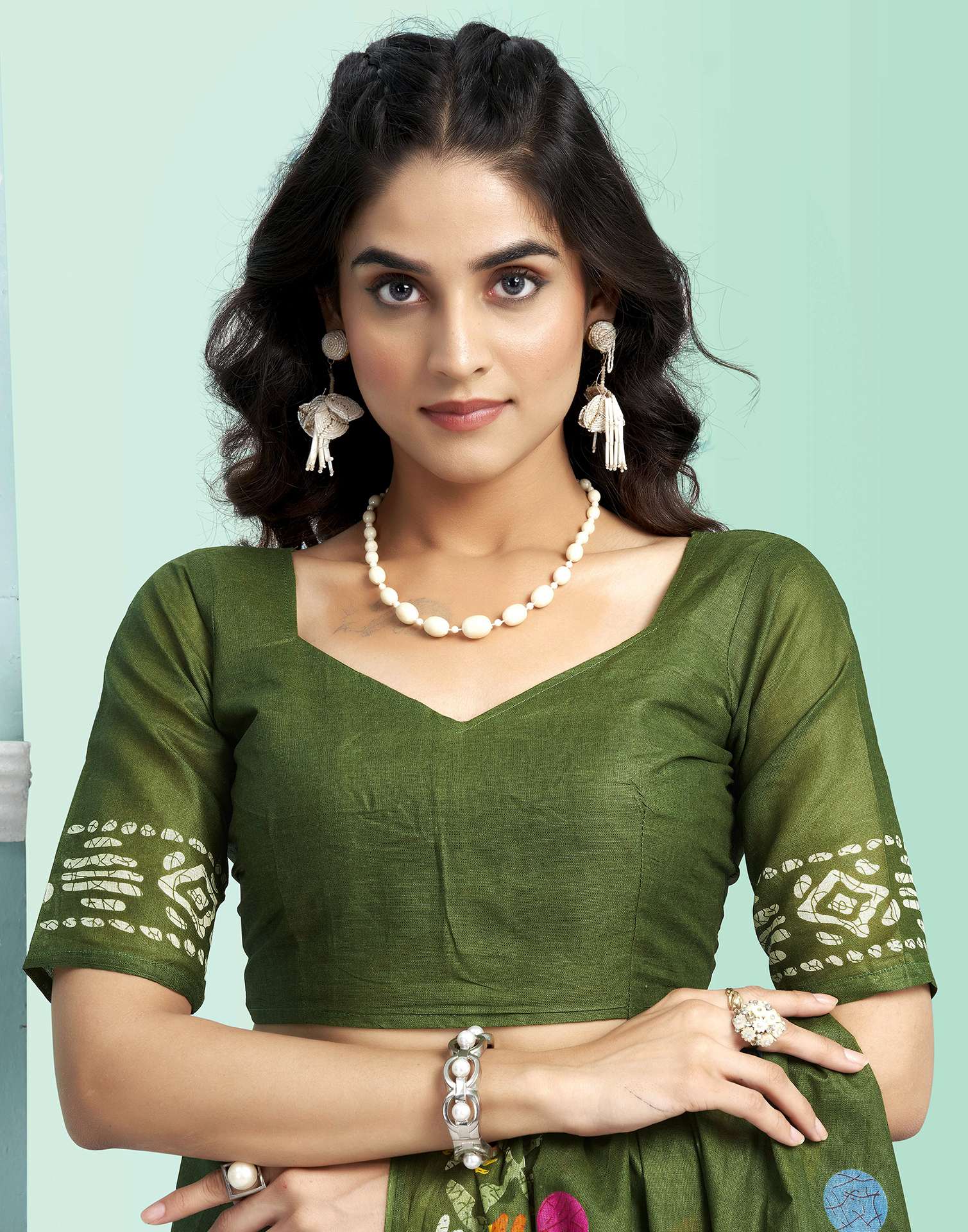Green Cotton Printed Saree - Image 8