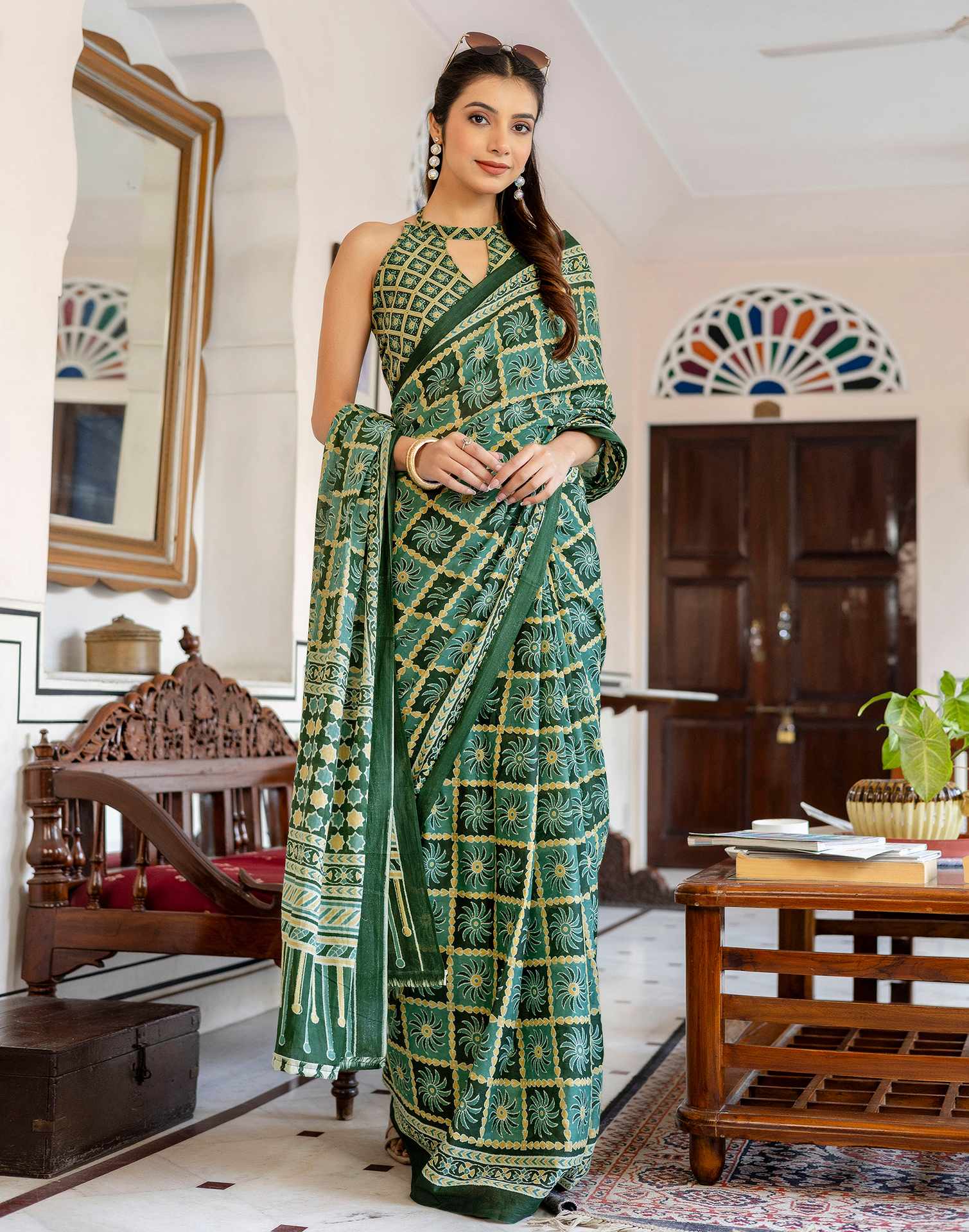 Green Cotton Printed Saree - Image 7
