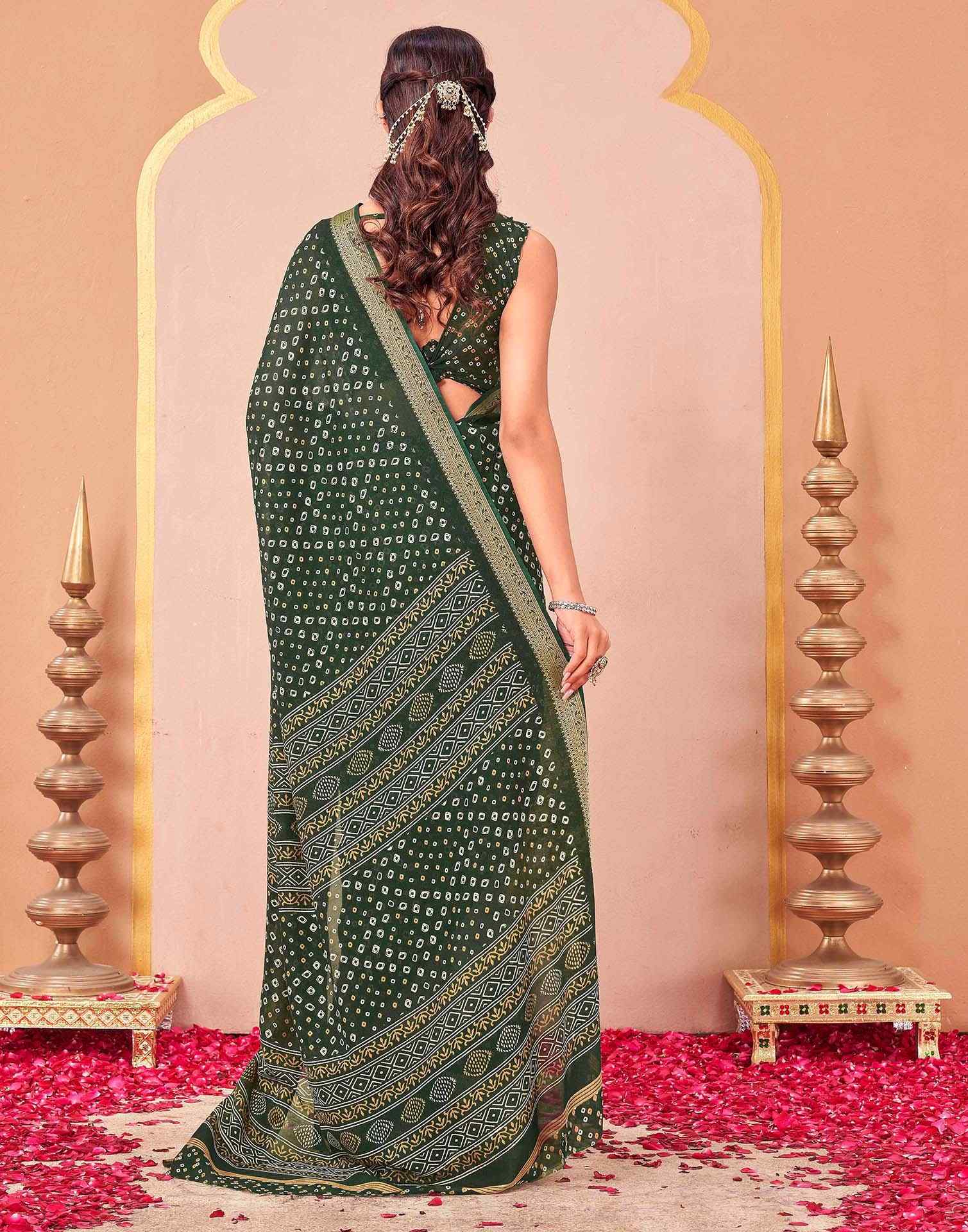 Green Georgette Bandhani Printed Saree - Image 6