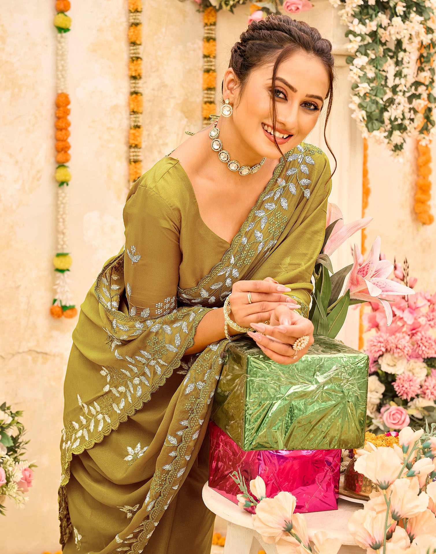Green Georgette Embroidery Saree - Image 2