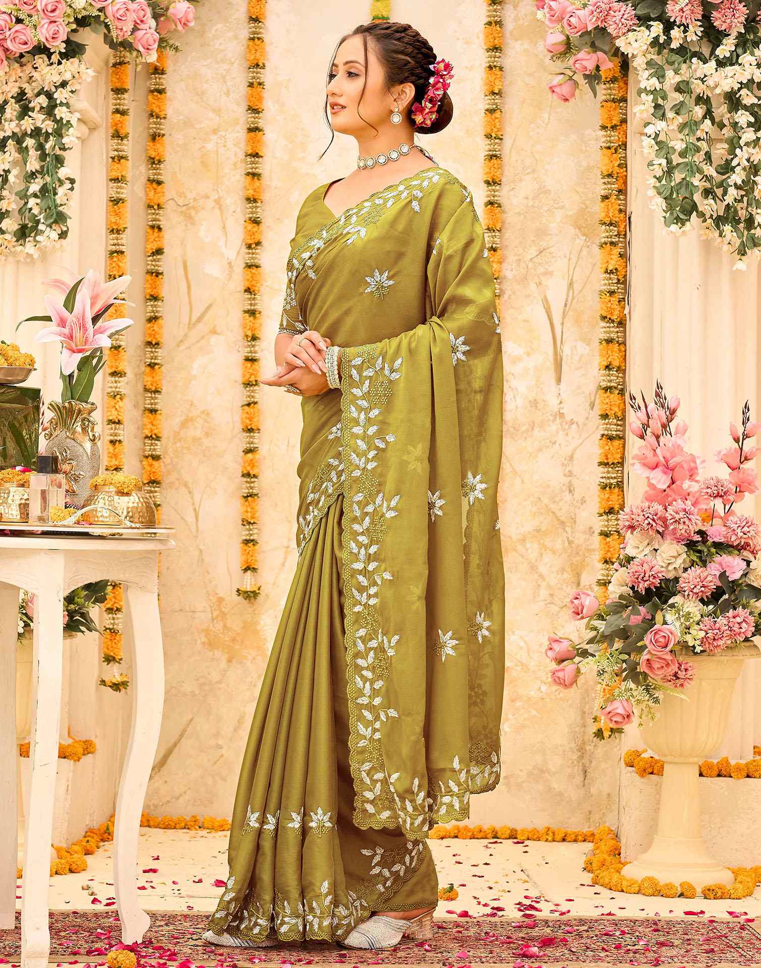 Green Georgette Embroidery Saree - Image 4