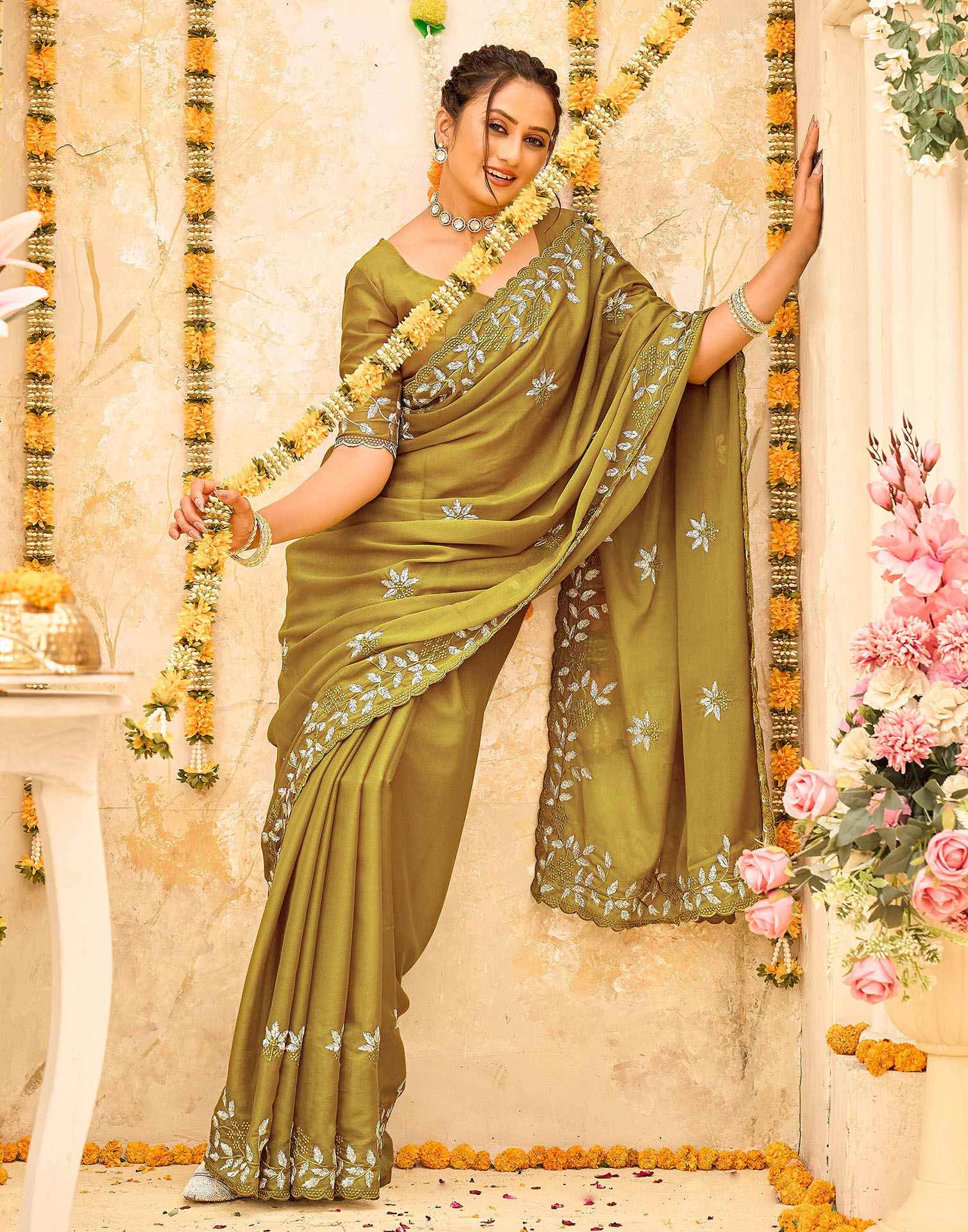 Green Georgette Embroidery Saree - Image 5