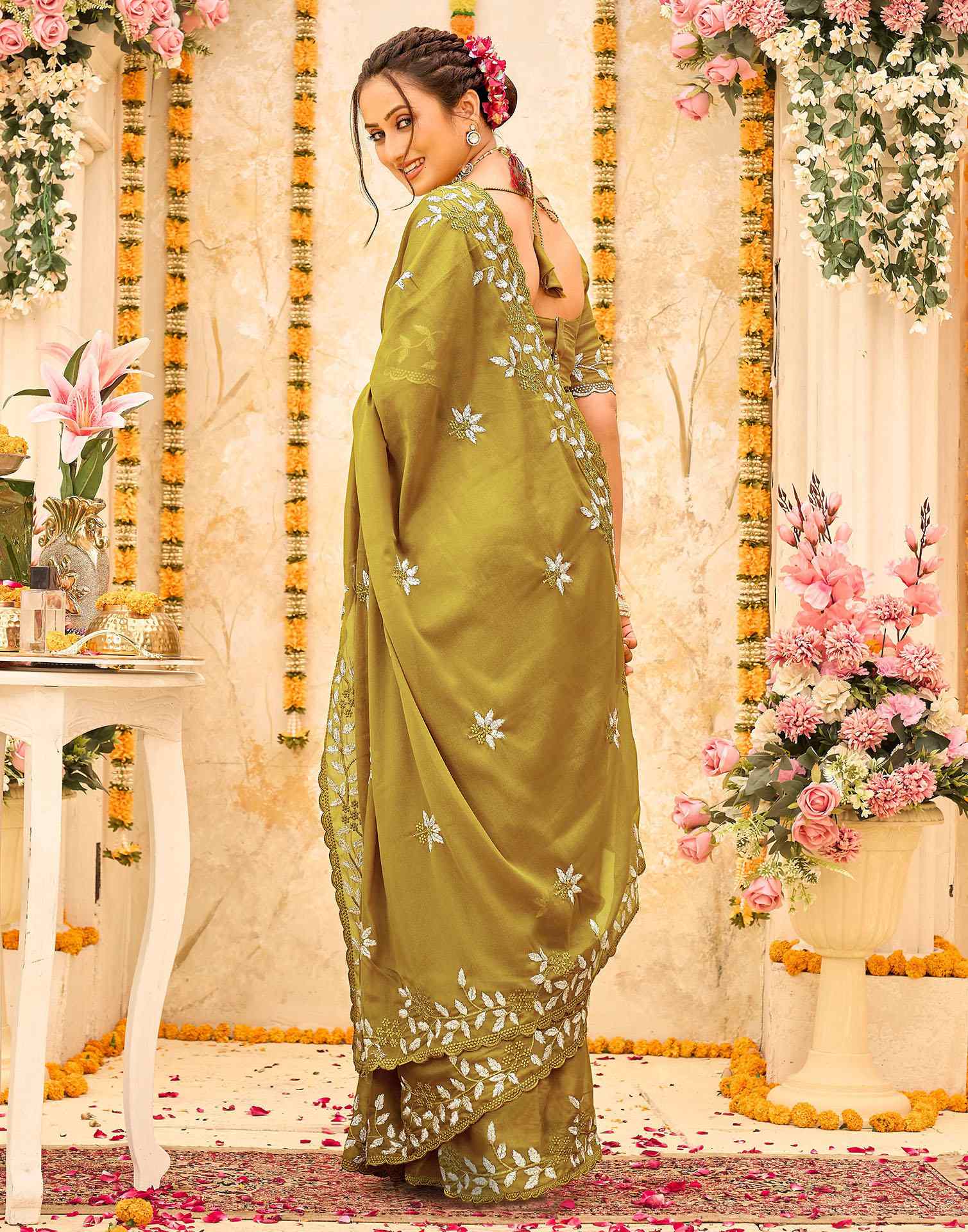 Green Georgette Embroidery Saree - Image 6