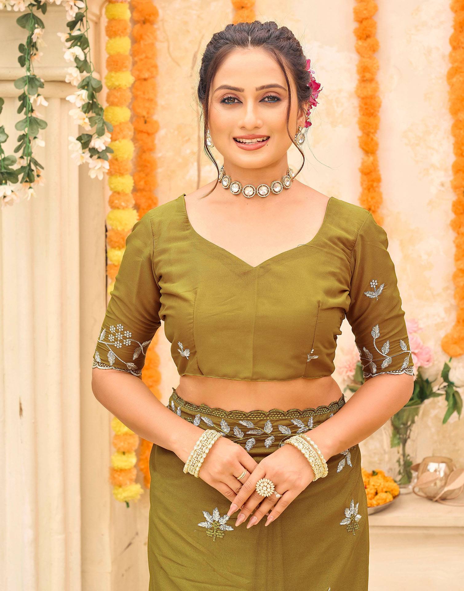 Green Georgette Embroidery Saree - Image 7