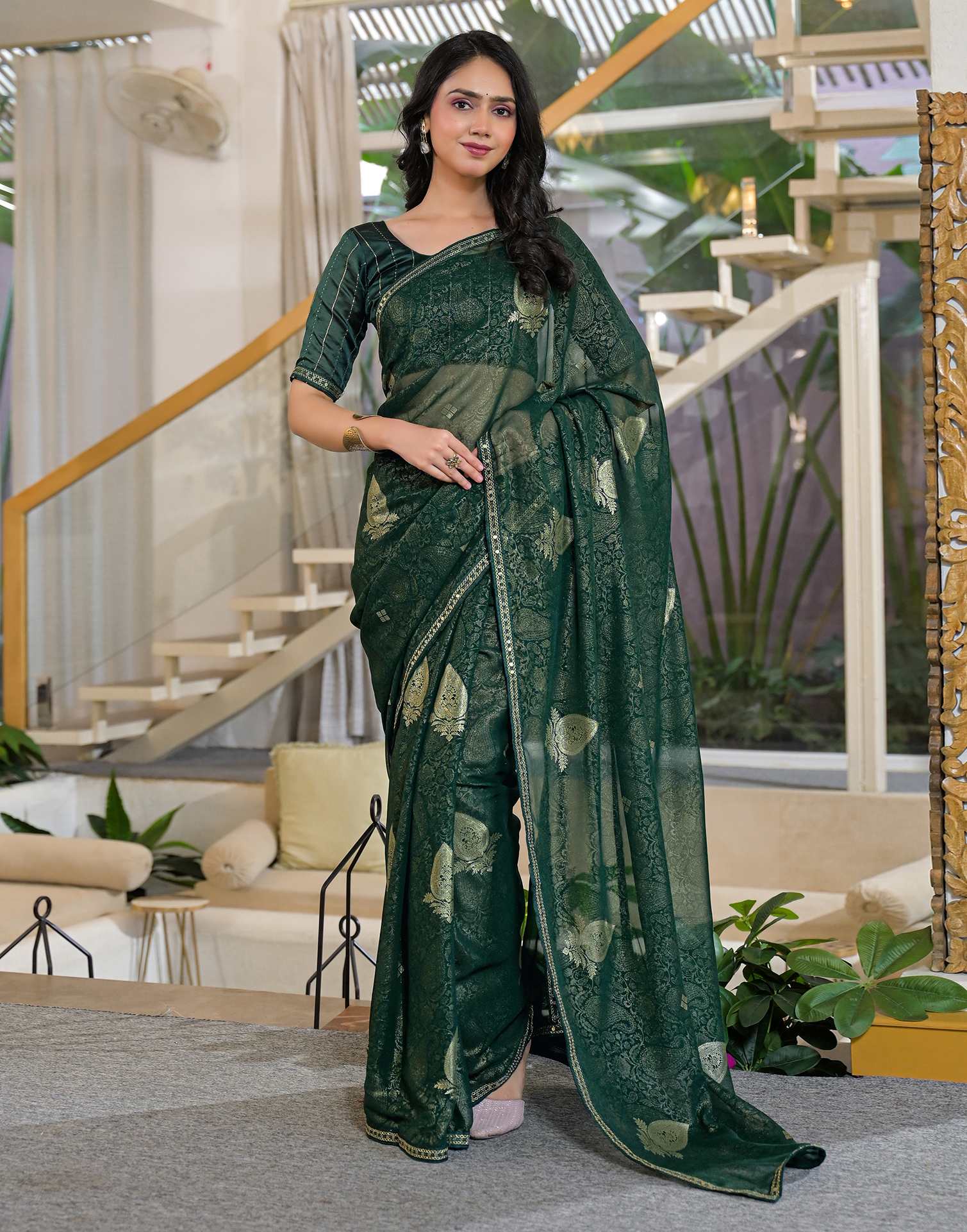 Green Georgette Foil Printed Lace Saree - Image 2