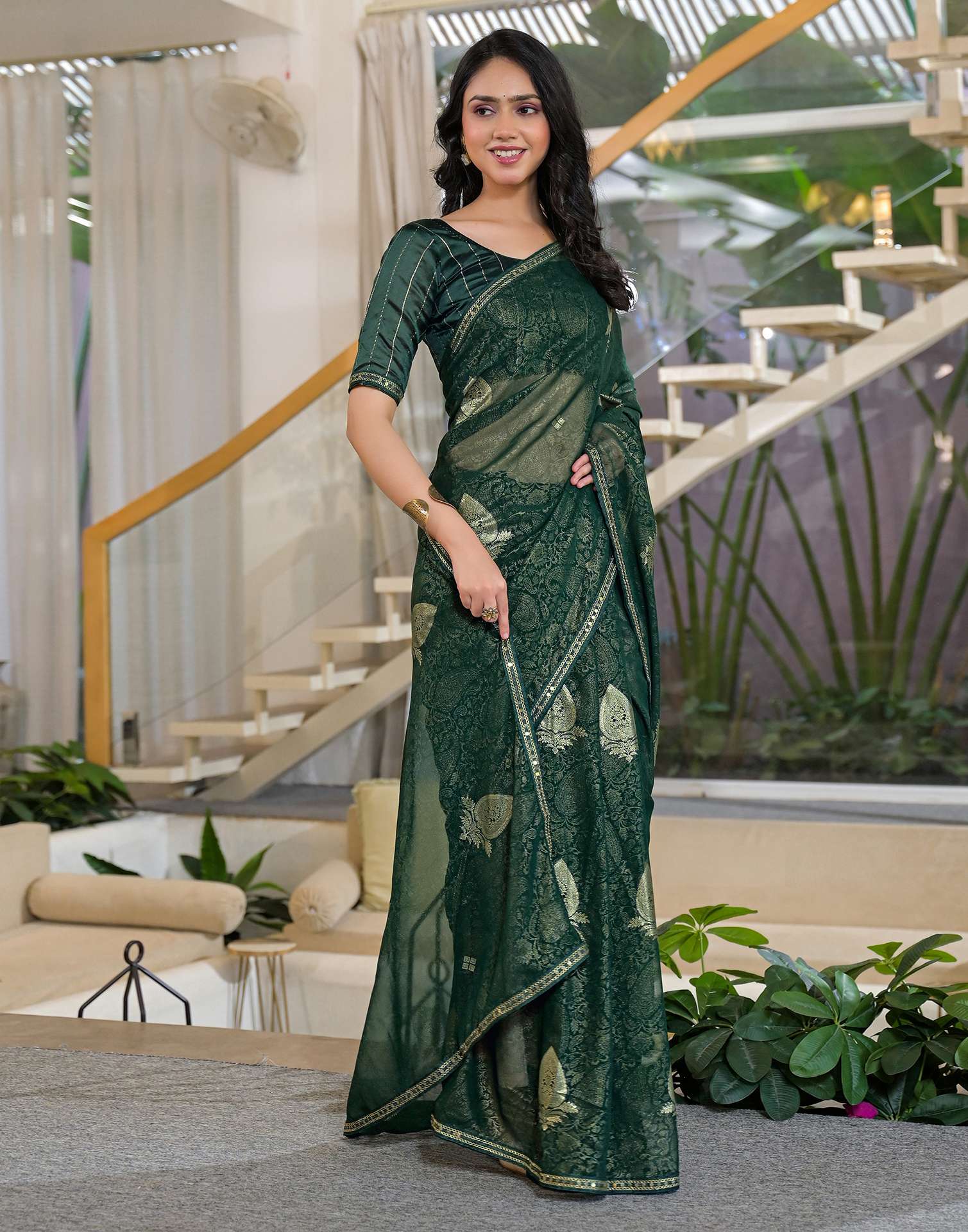 Green Georgette Foil Printed Lace Saree - Image 5