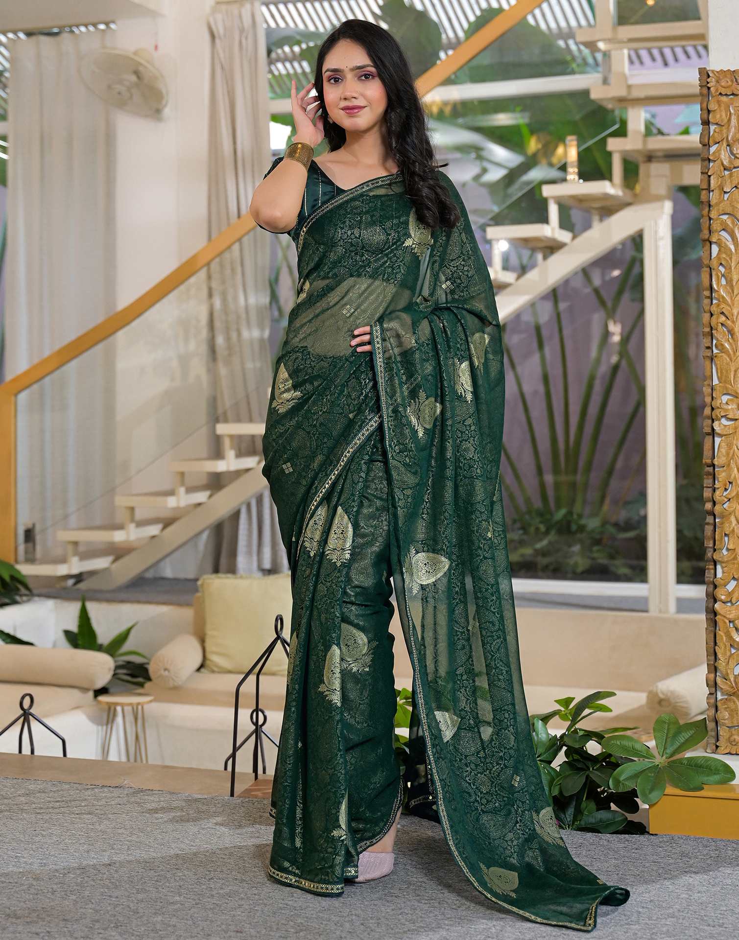 Green Georgette Foil Printed Lace Saree - Image 7