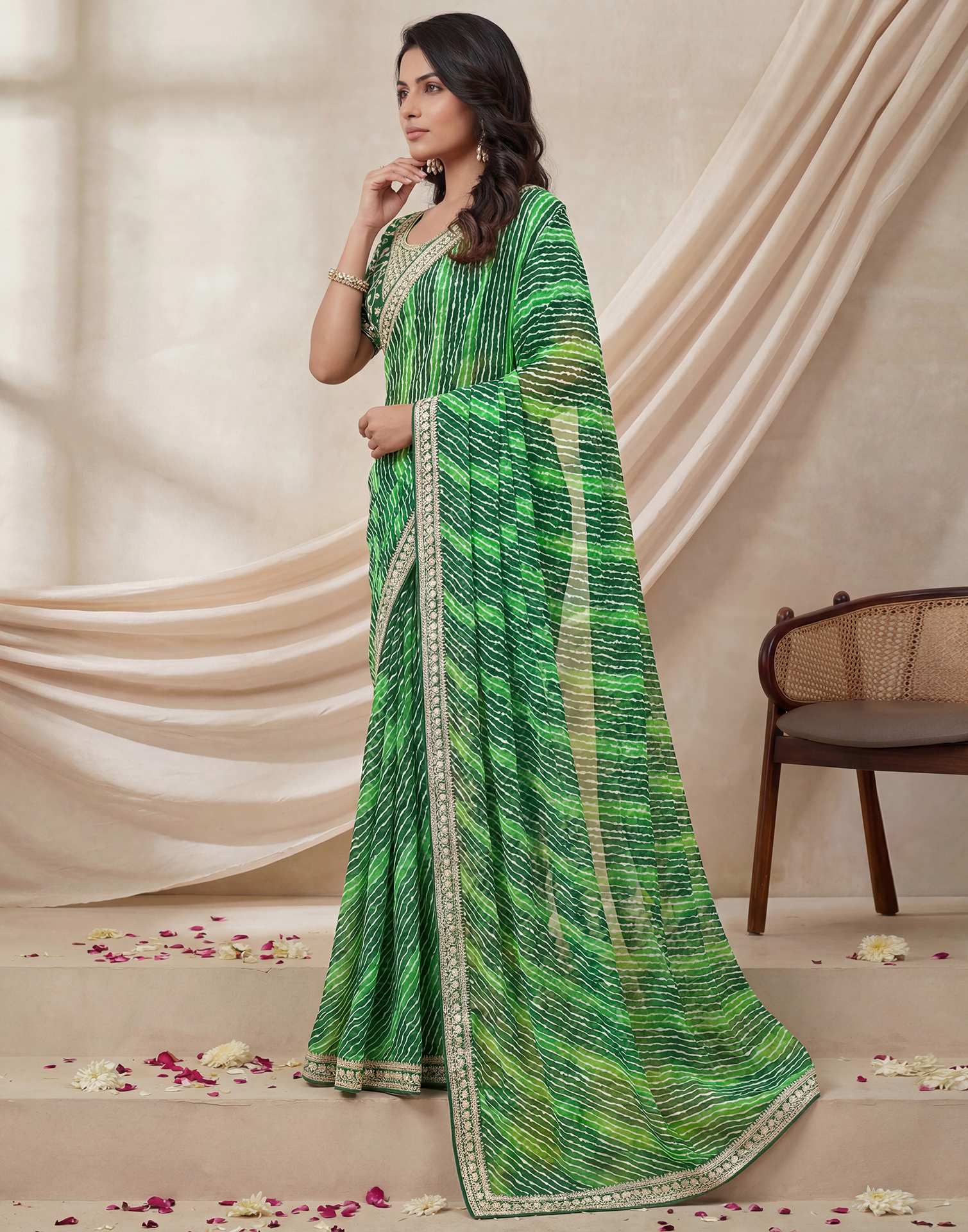 Green Georgette Laheriya Printed Saree - Image 4
