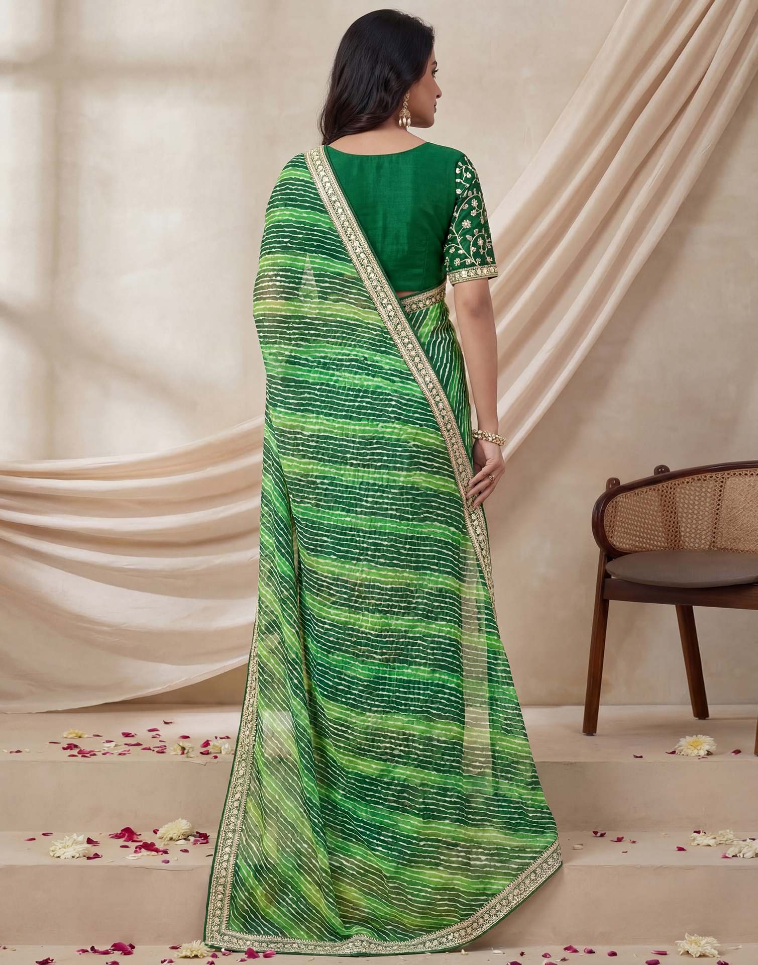Green Georgette Laheriya Printed Saree - Image 5