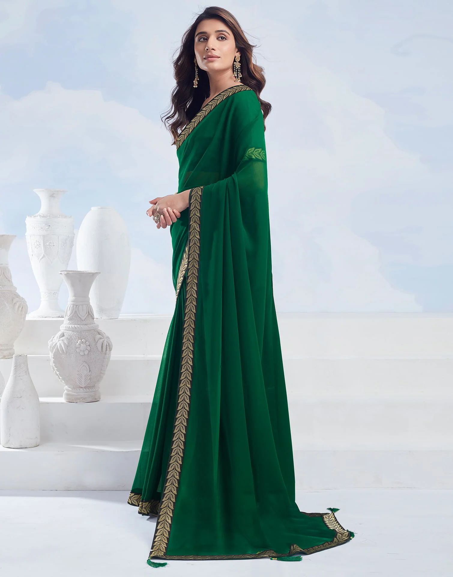 Dark Green Georgette Plain Saree - Image 6