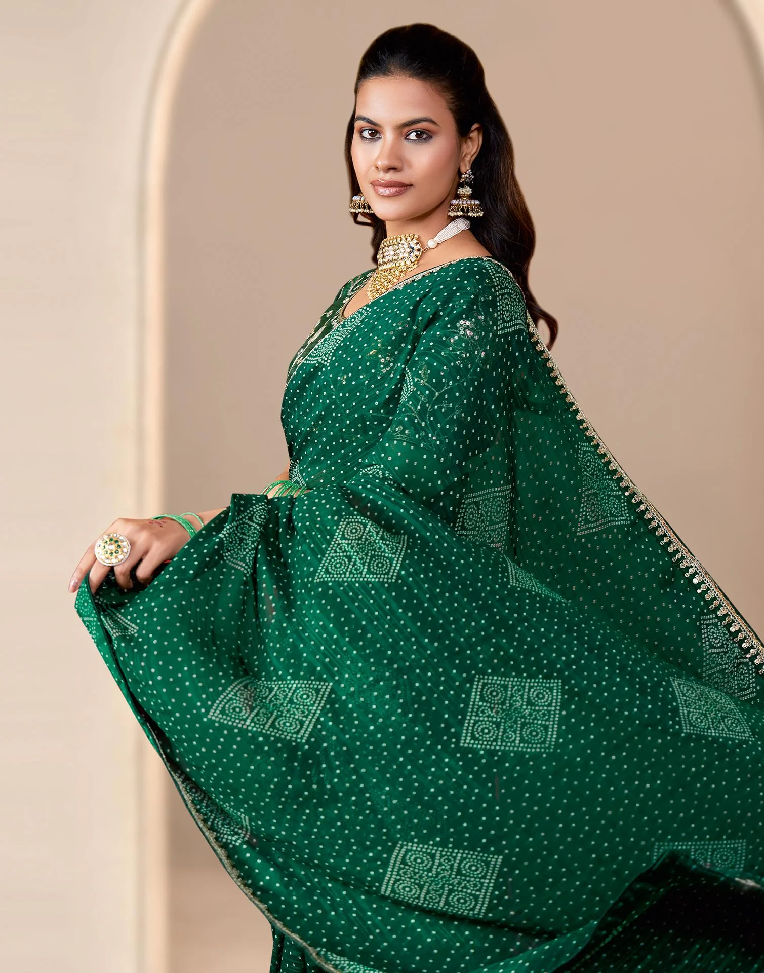 Green Georgette Printed Bandhani Saree - Image 2