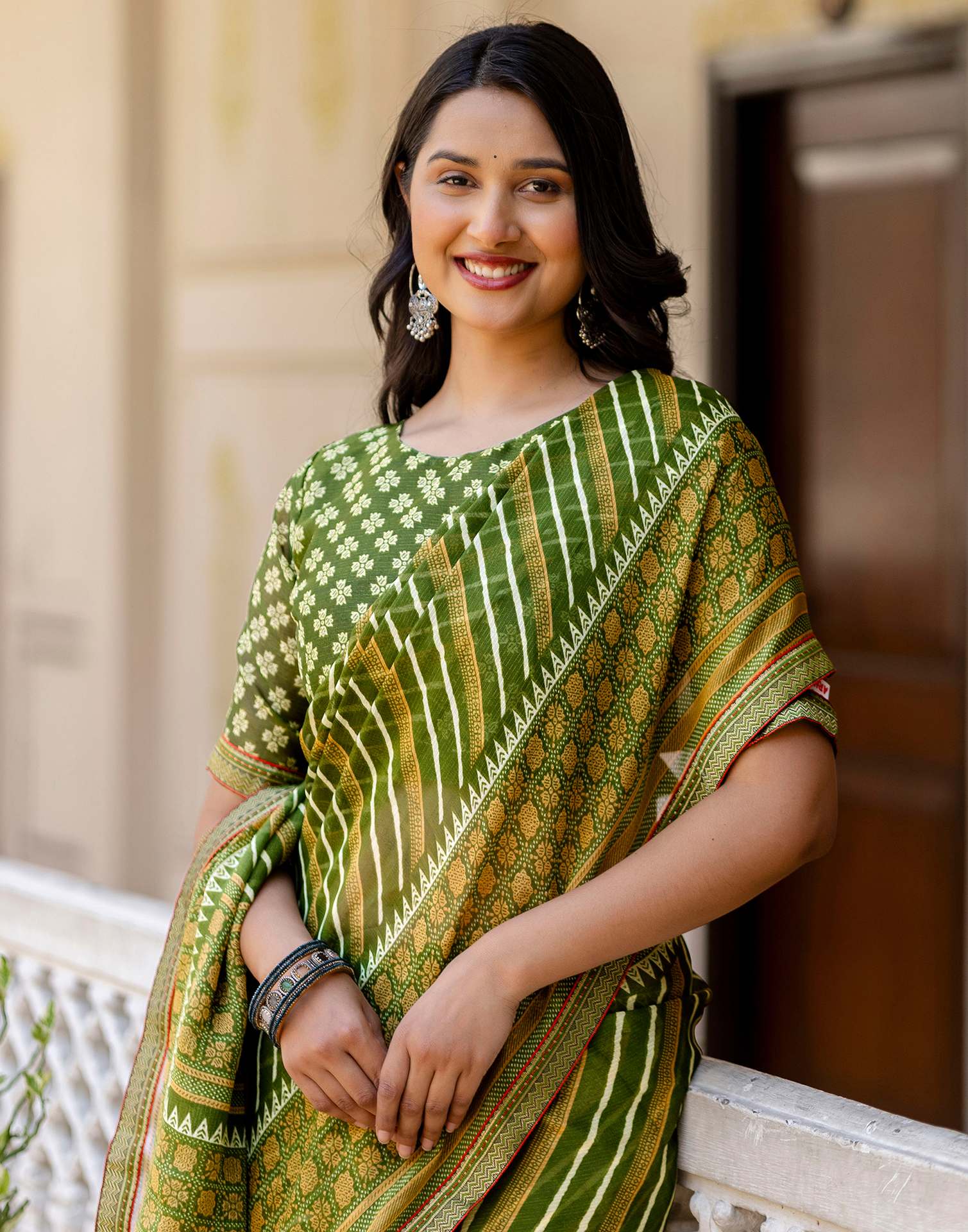 Green Georgette Printed Lace Saree - Image 9
