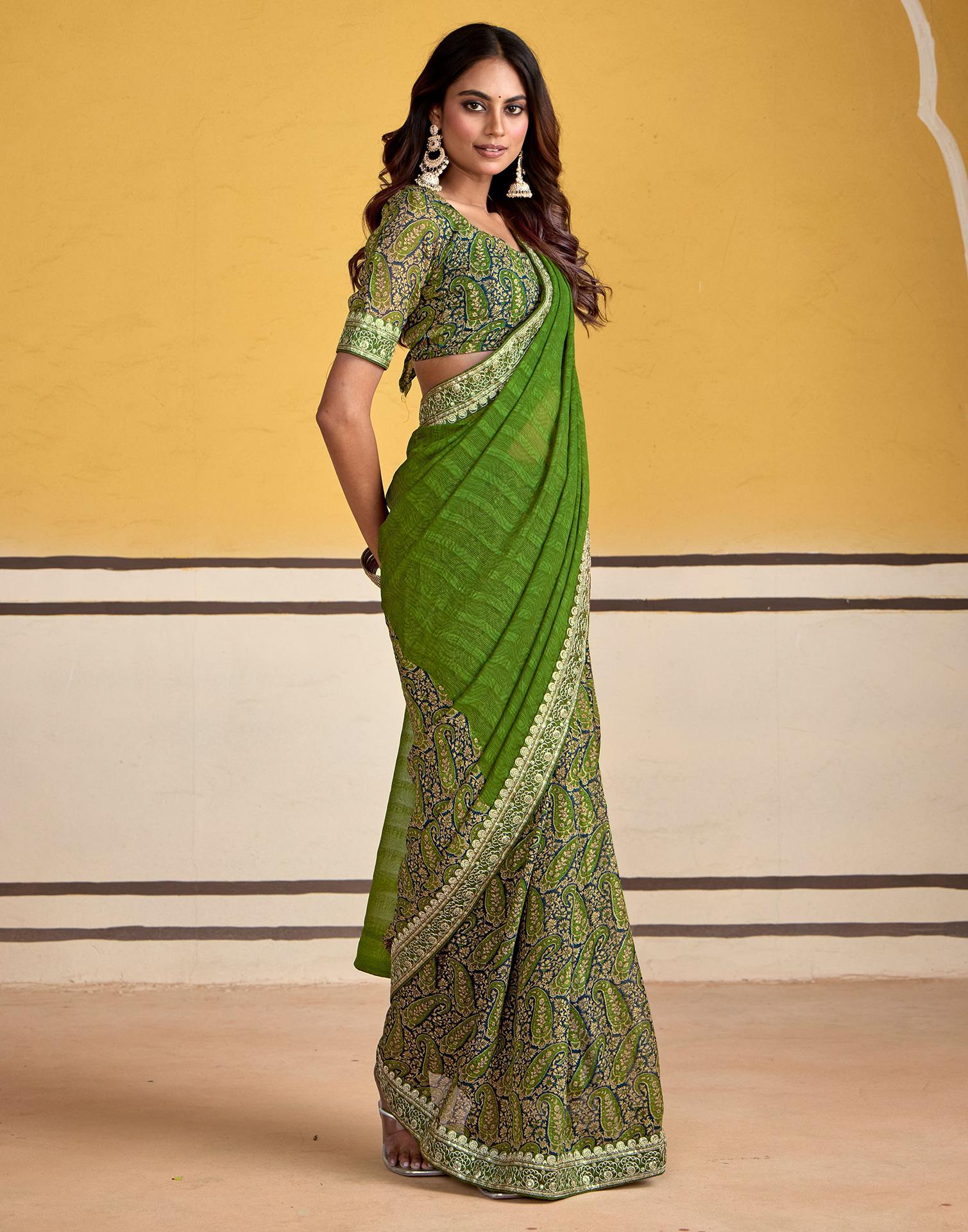 Green Georgette Printed Saree - Image 6