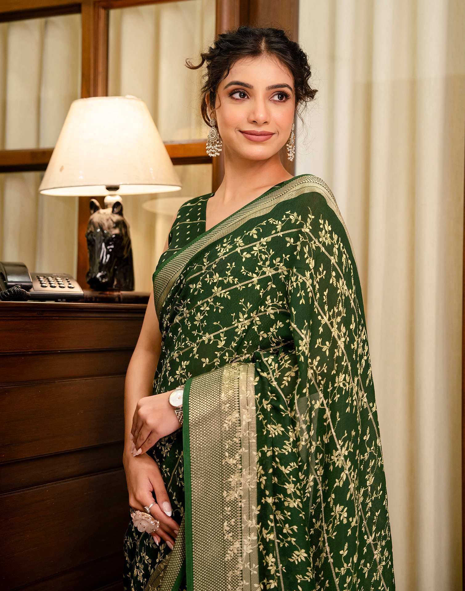 Green Georgette Printed Zari Stripe SareeĀ - Image 2