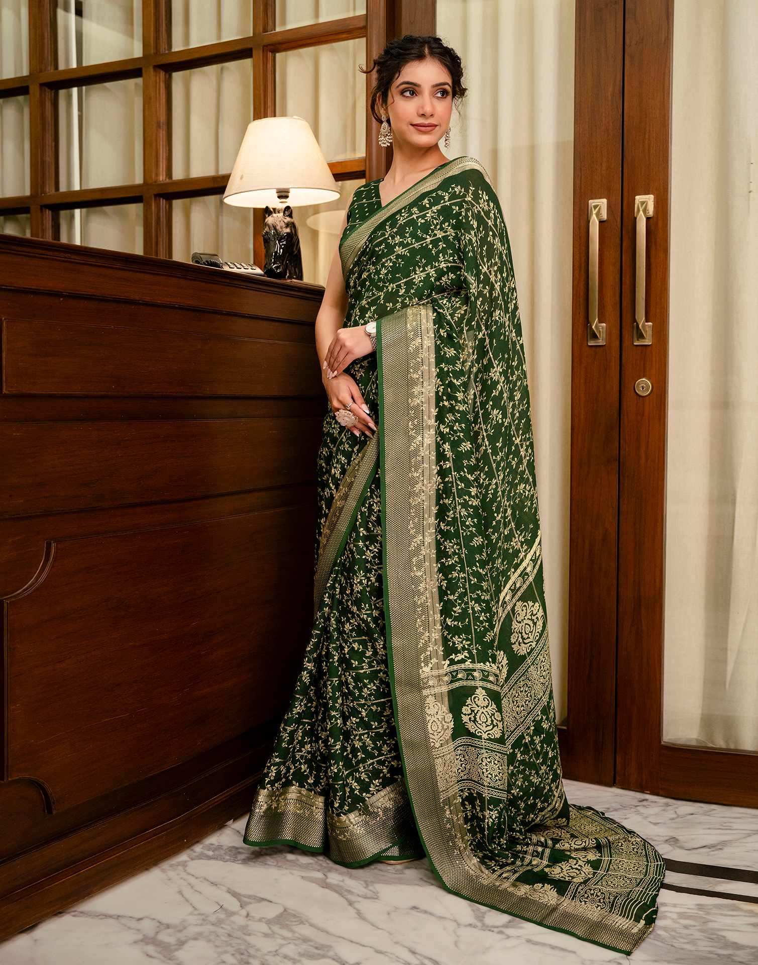 Green Georgette Printed Zari Stripe SareeĀ - Image 5
