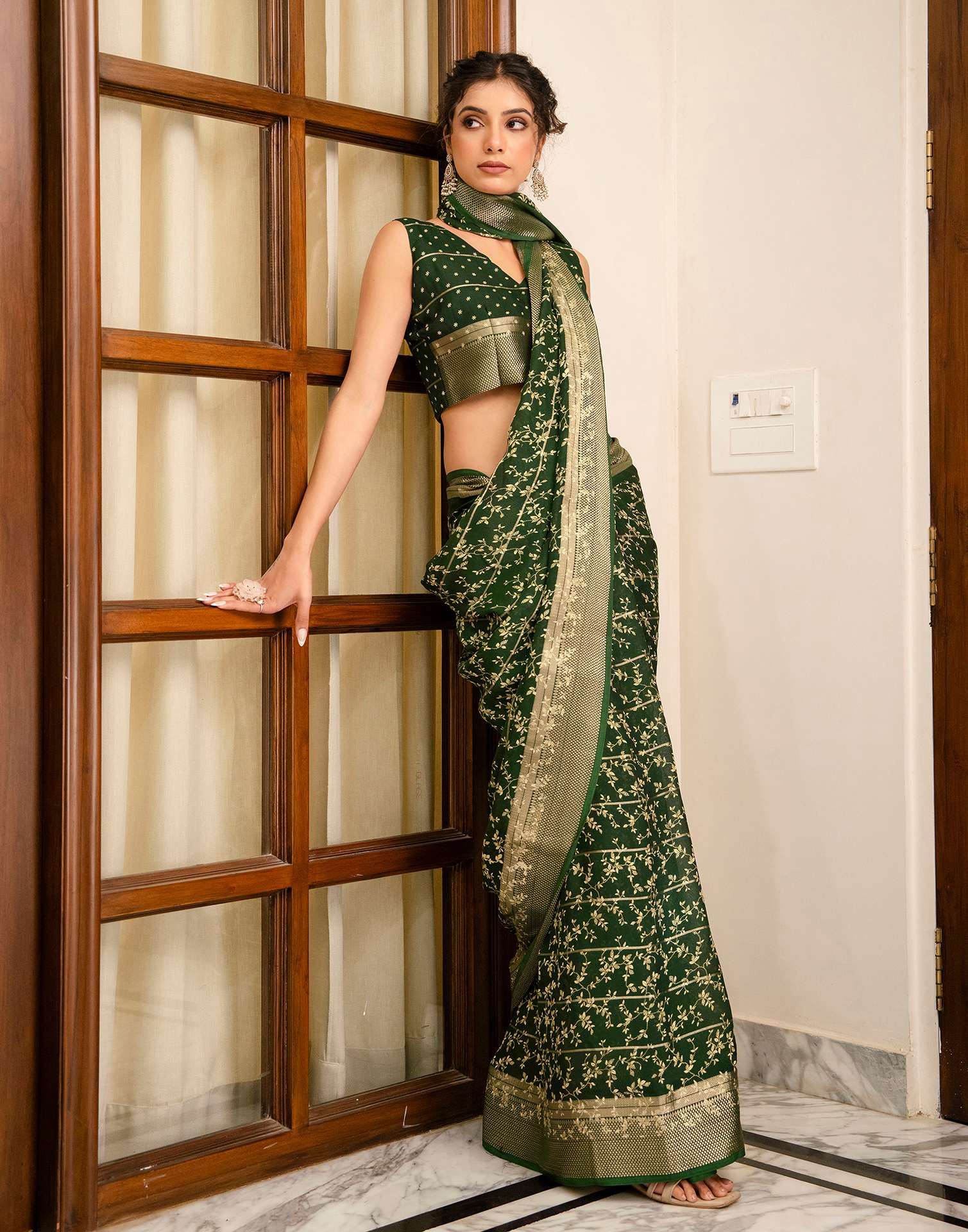 Green Georgette Printed Zari Stripe SareeĀ - Image 9