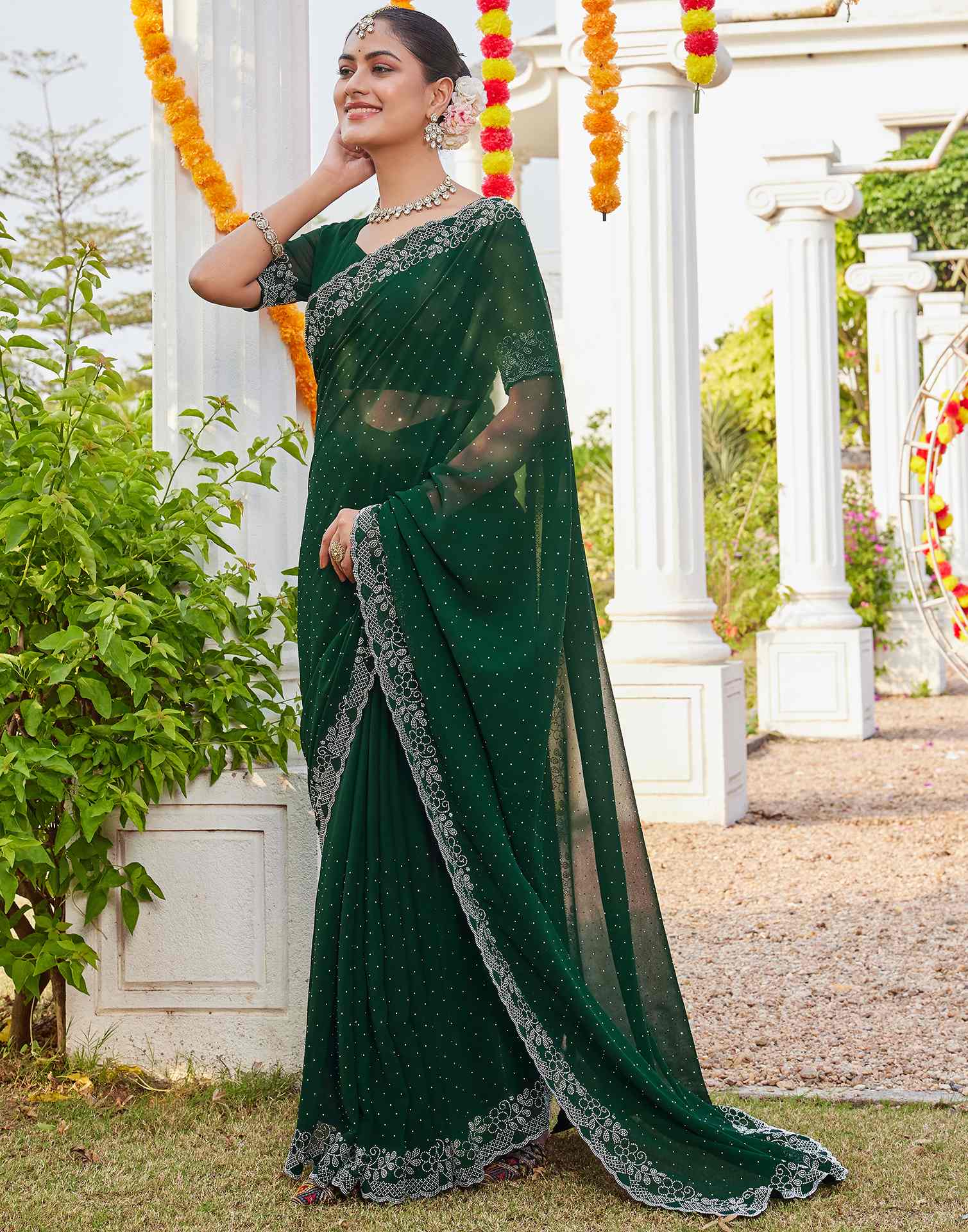 Green Georgette Stone Work Swarovski Saree - Image 4