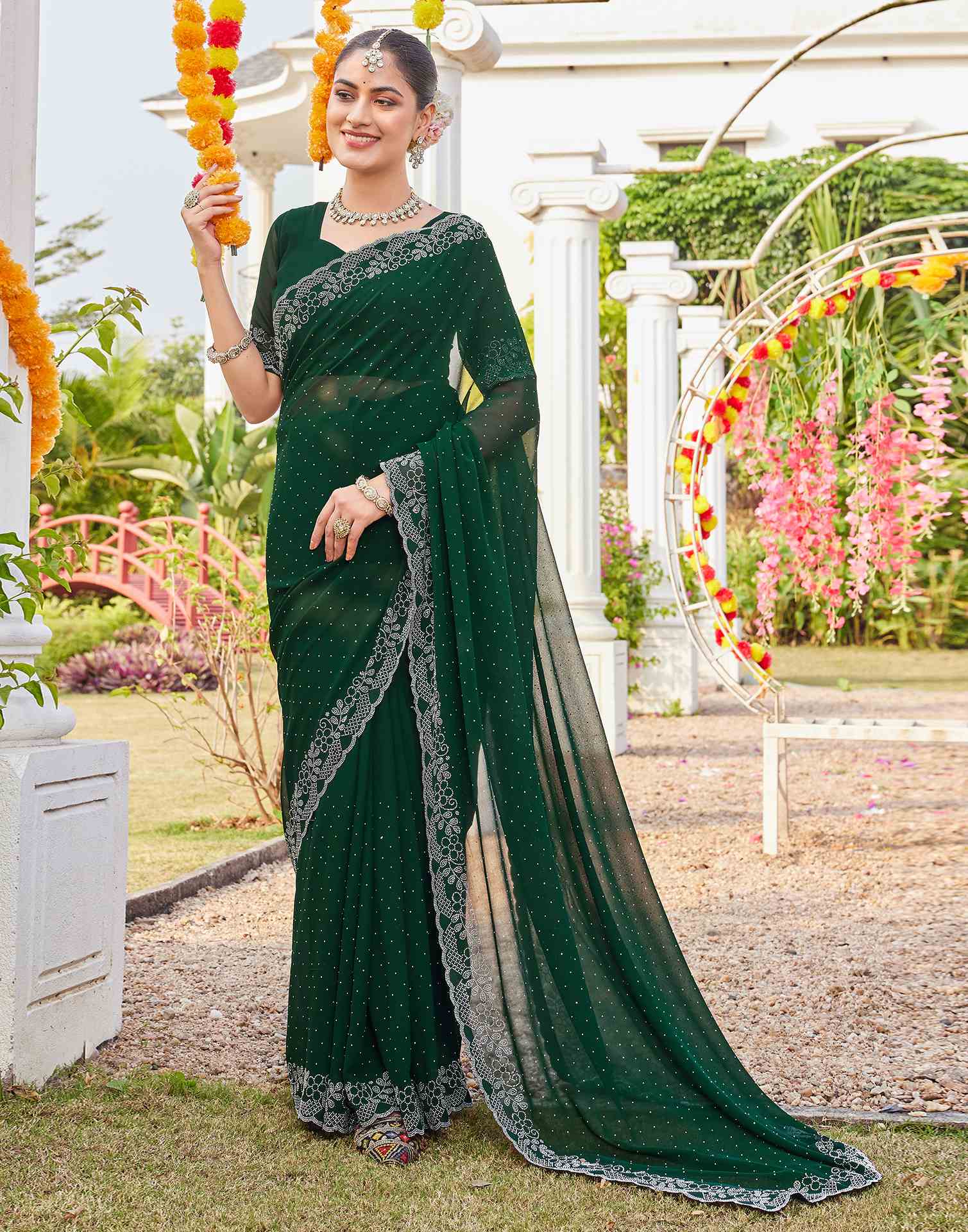 Green Georgette Stone Work Swarovski Saree - Image 5