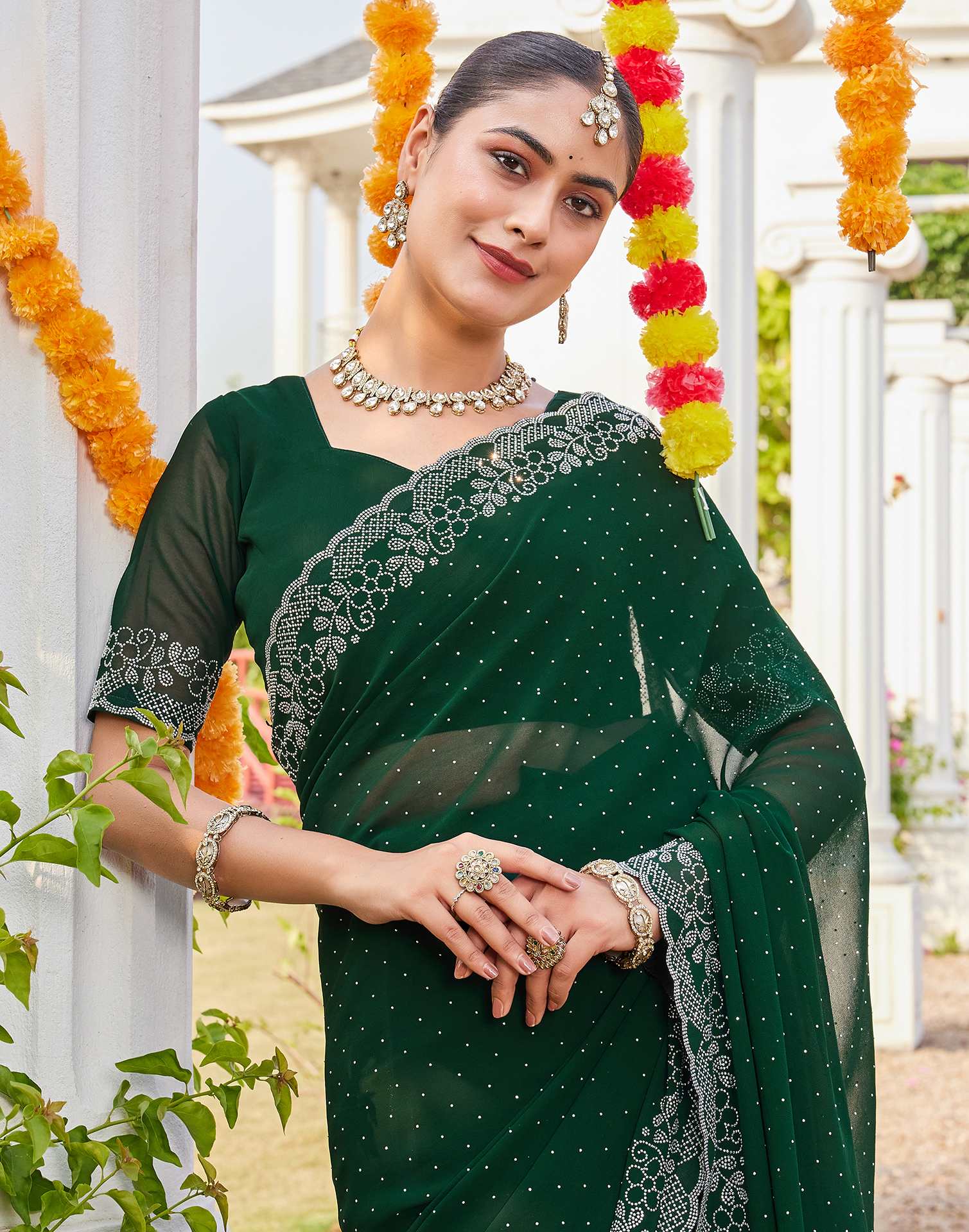 Green Georgette Stone Work Swarovski Saree - Image 7