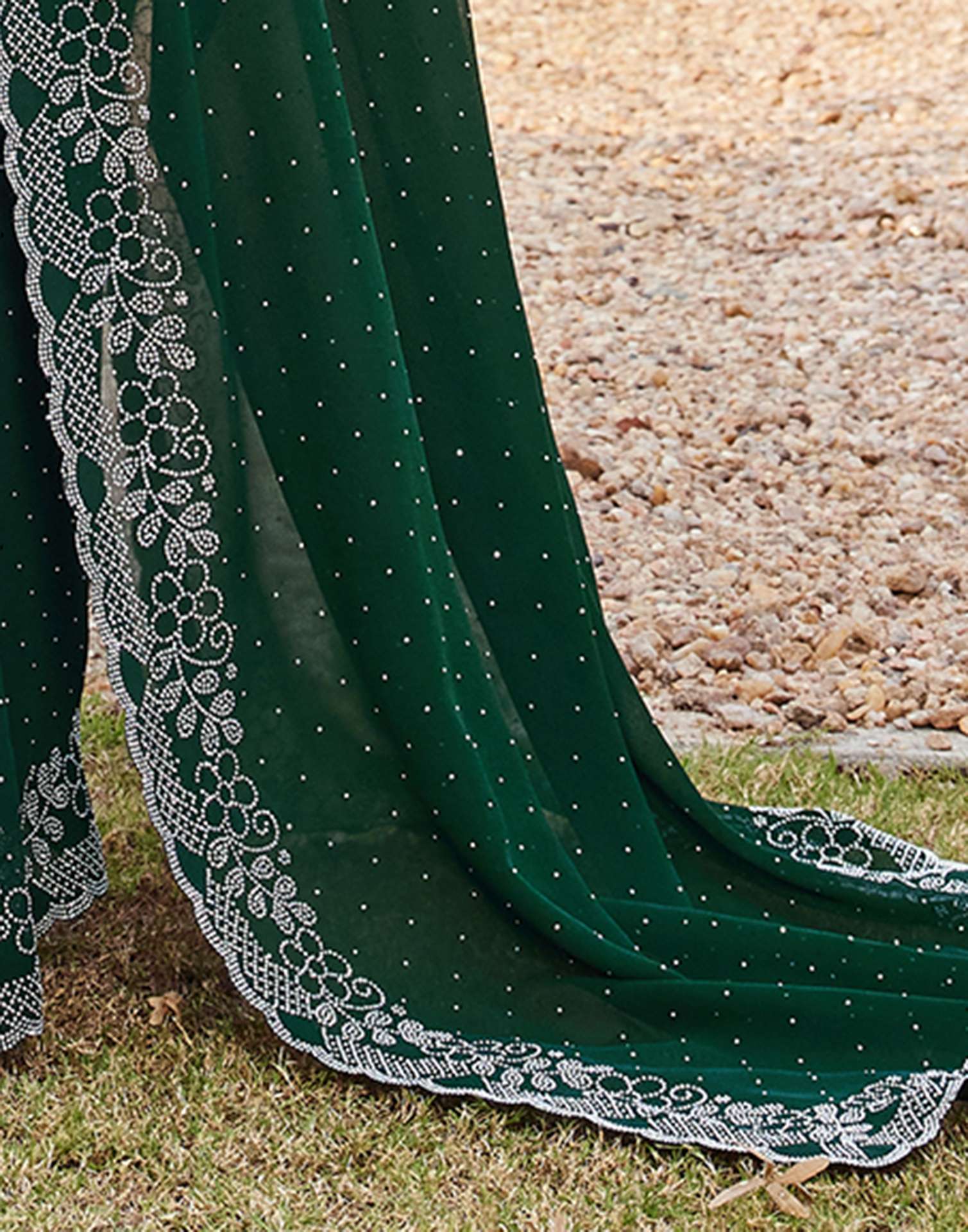 Green Georgette Stone Work Swarovski Saree - Image 9