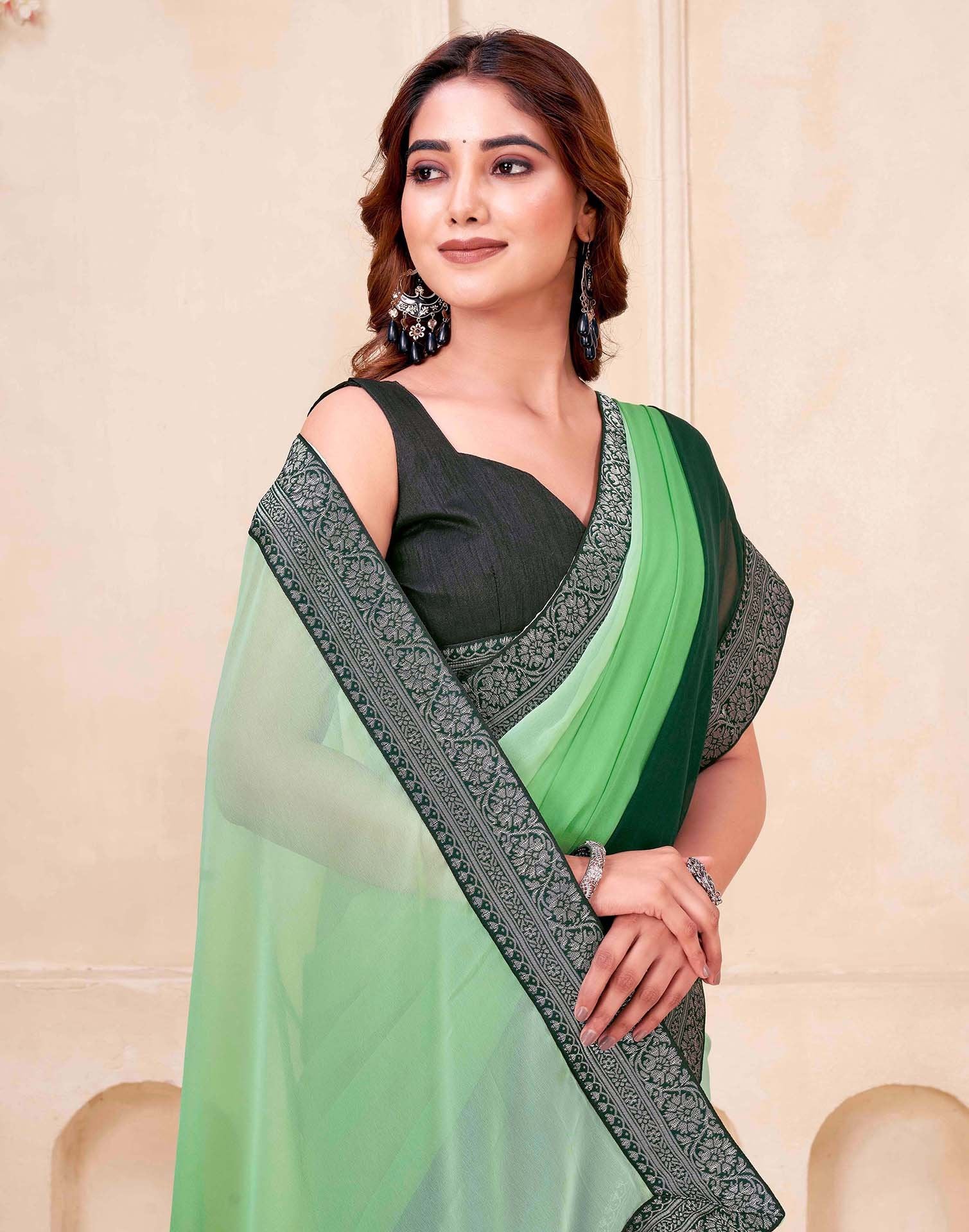 Green Georgette Woven Lace Saree - Image 2