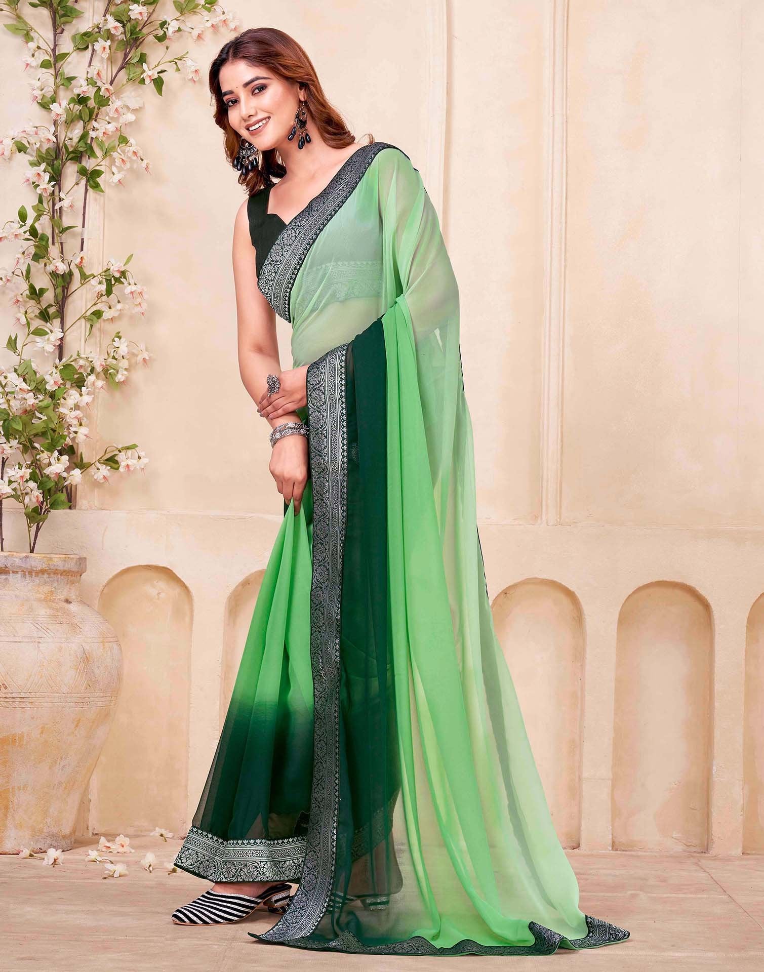 Green Georgette Woven Lace Saree - Image 4
