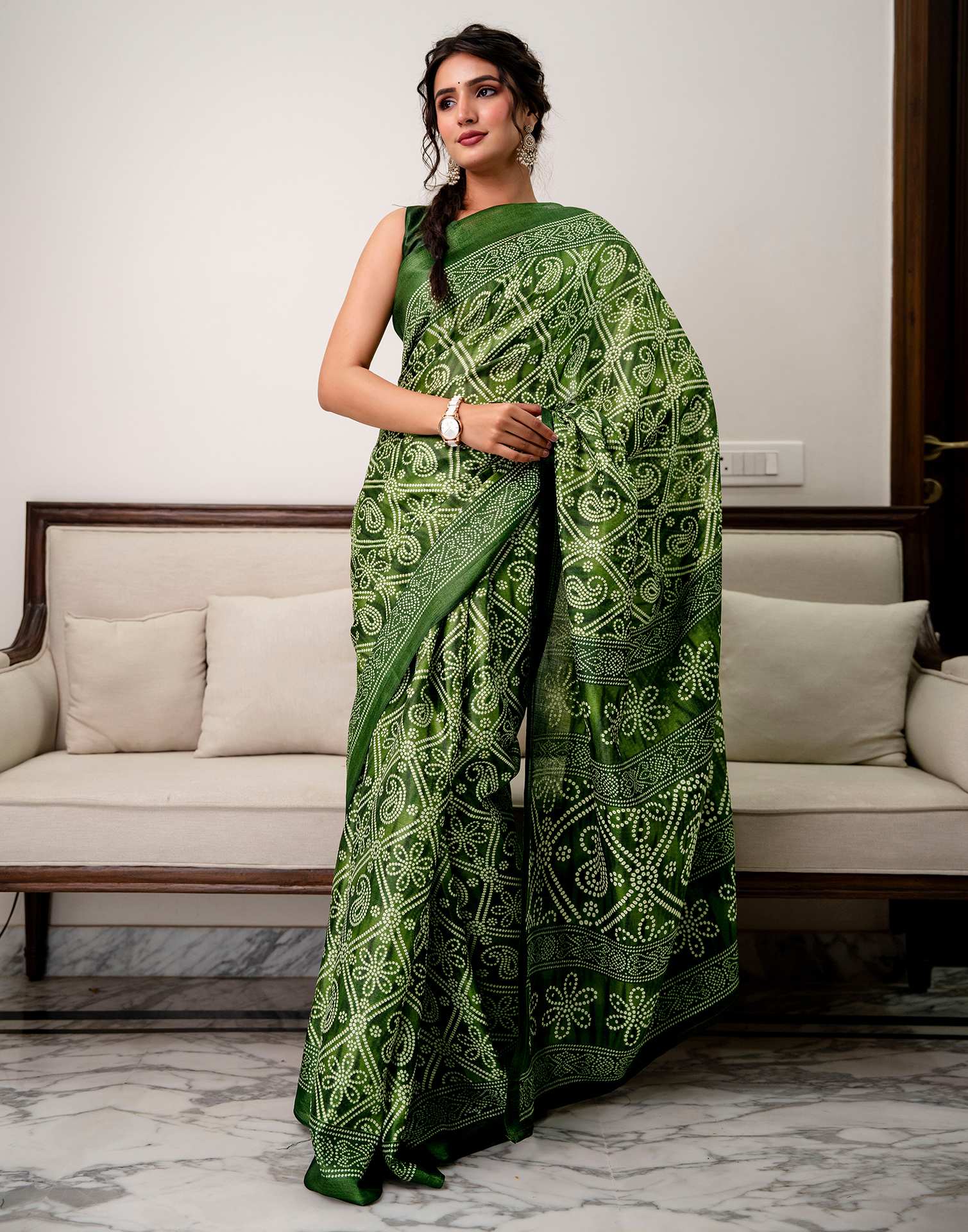 Green Khadi Bandhani Printed SareeĀ