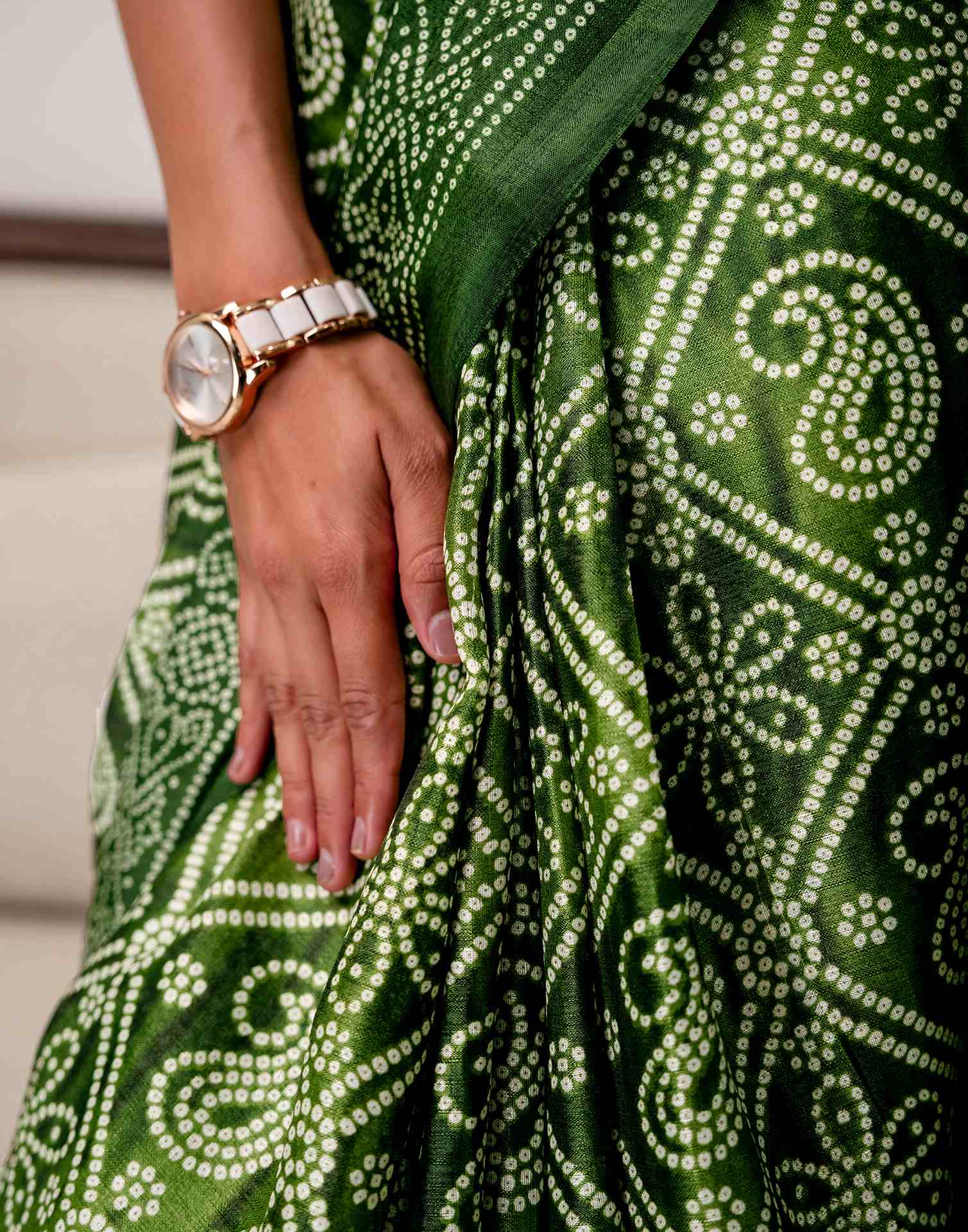 Green Khadi Bandhani Printed SareeĀ - Image 13