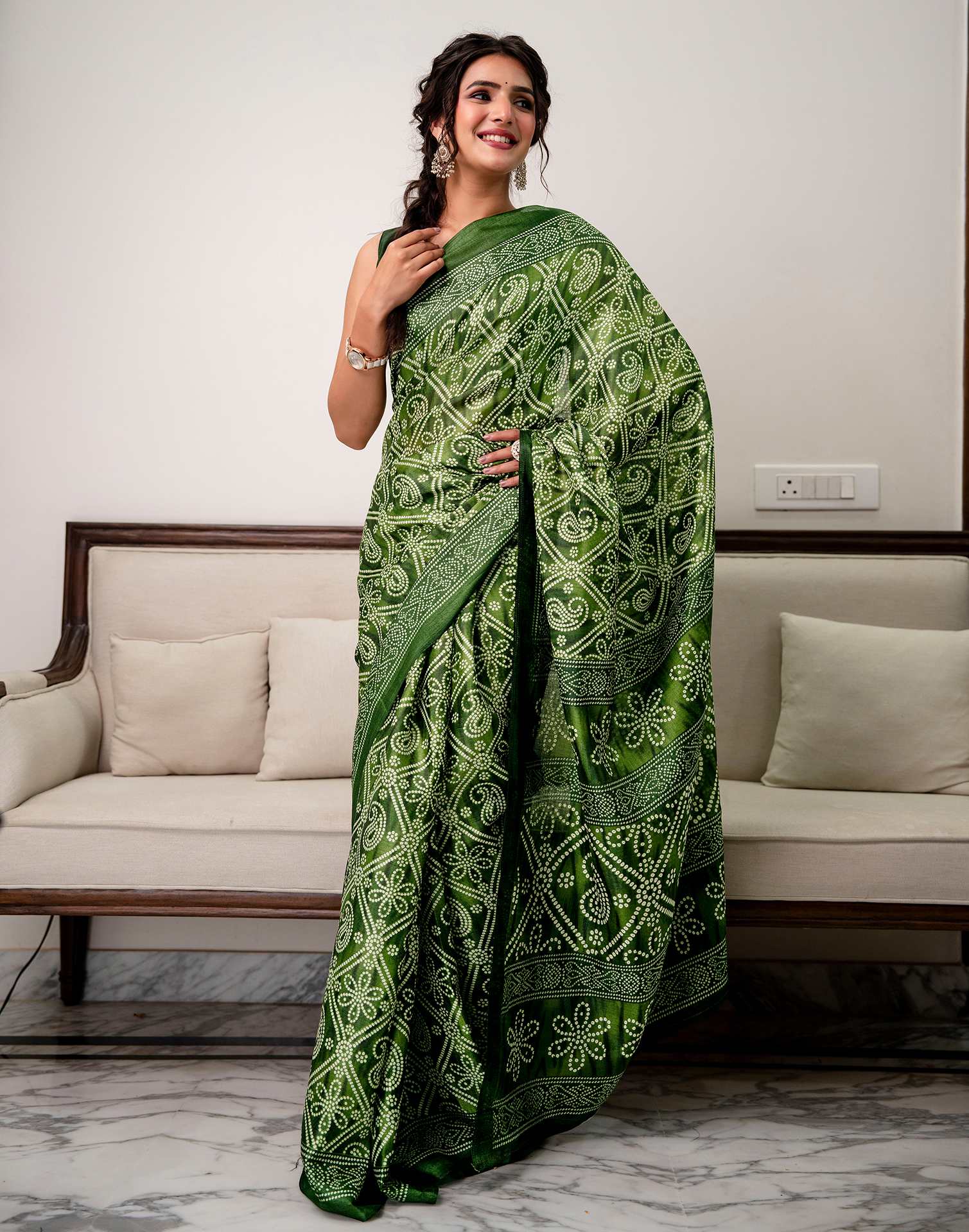 Green Khadi Bandhani Printed SareeĀ - Image 6