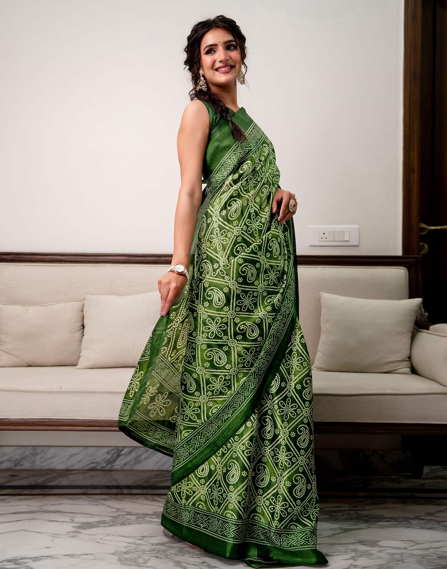 Green Khadi Bandhani Printed SareeĀ - Image 7