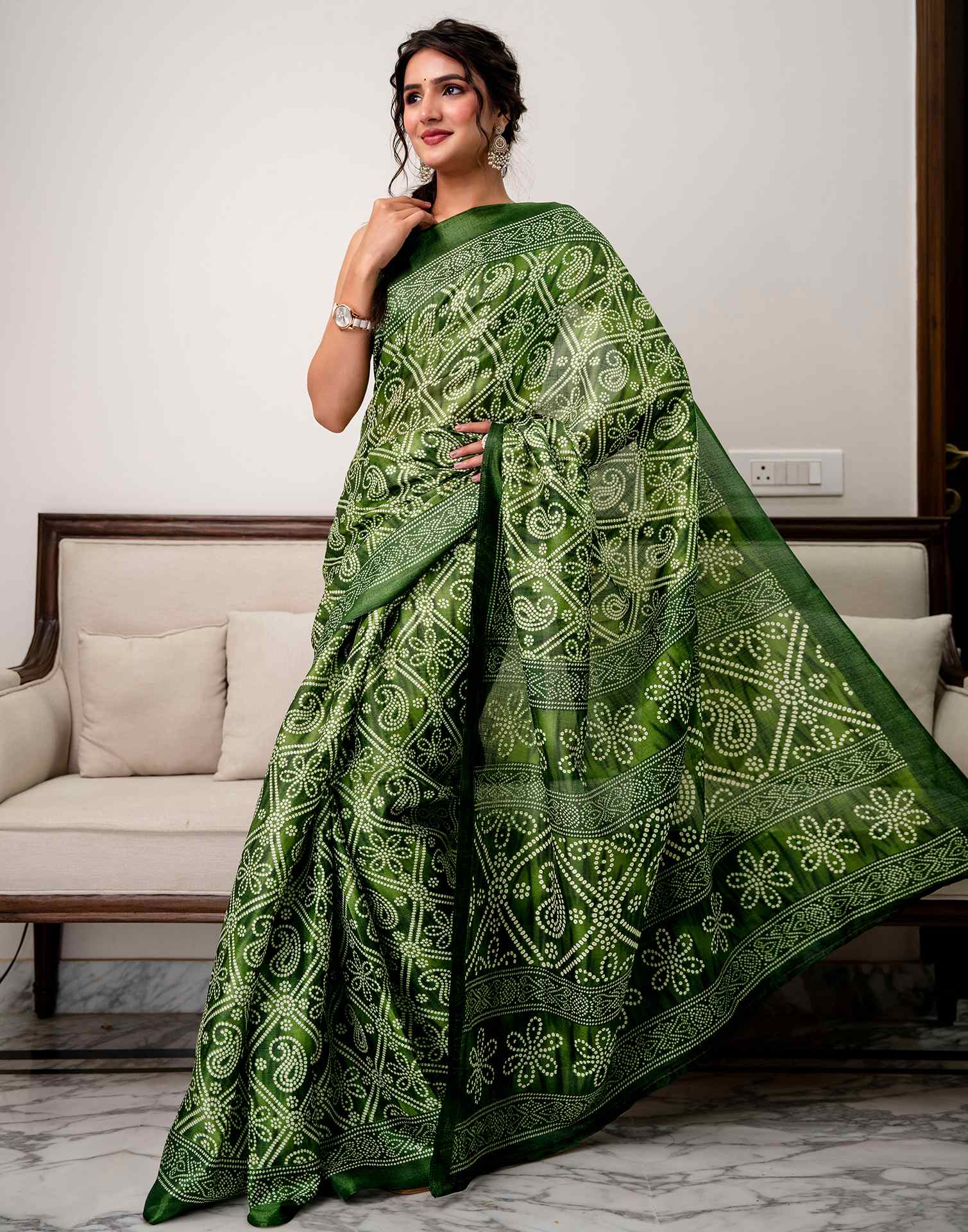 Green Khadi Bandhani Printed SareeĀ - Image 9