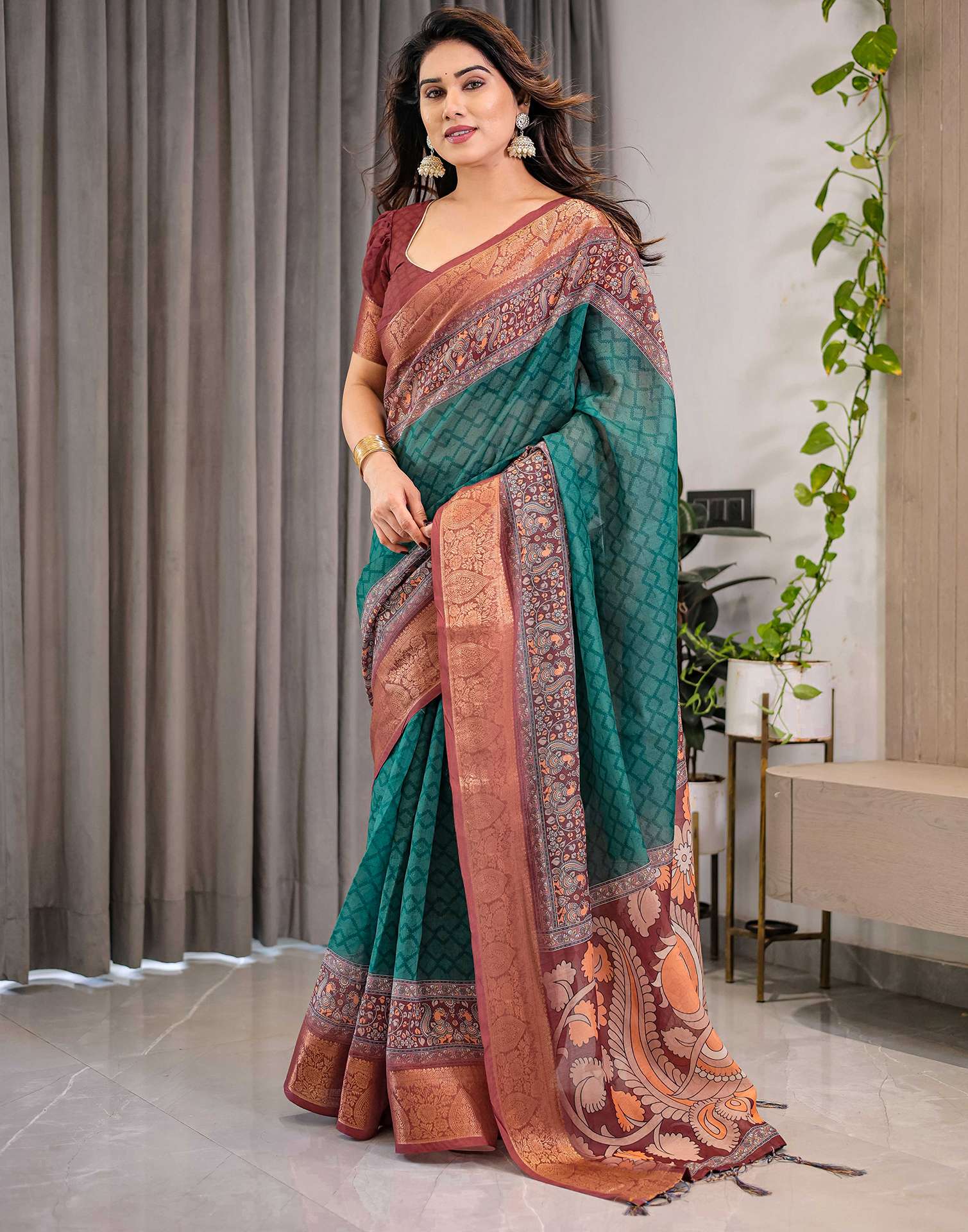 Green Linen Printed Saree - Image 13