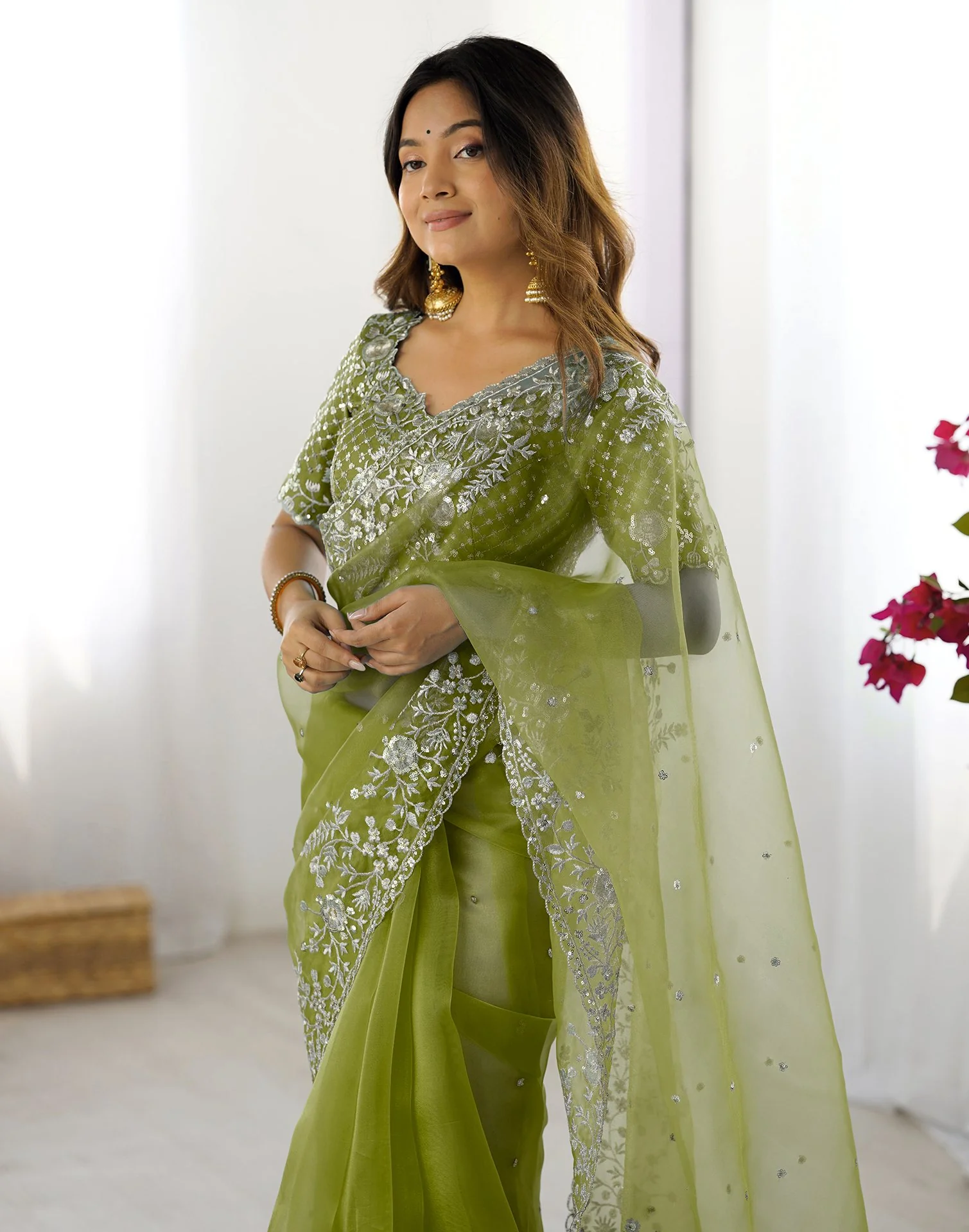 Green Organza Embroidery Lace Saree - Image 4