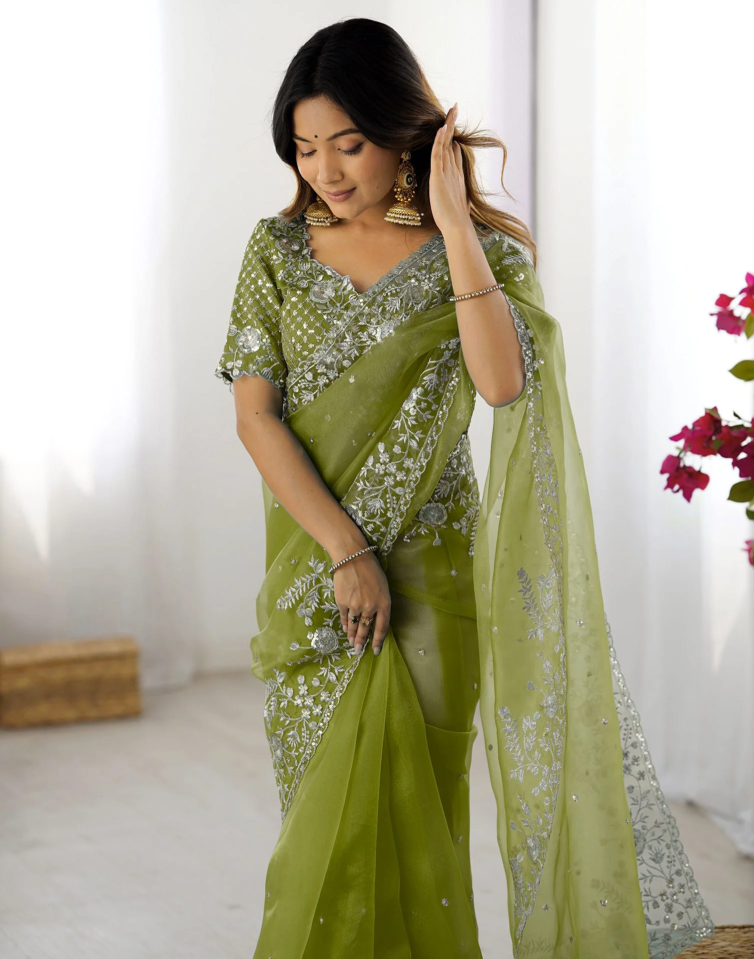 Green Organza Embroidery Lace Saree - Image 6