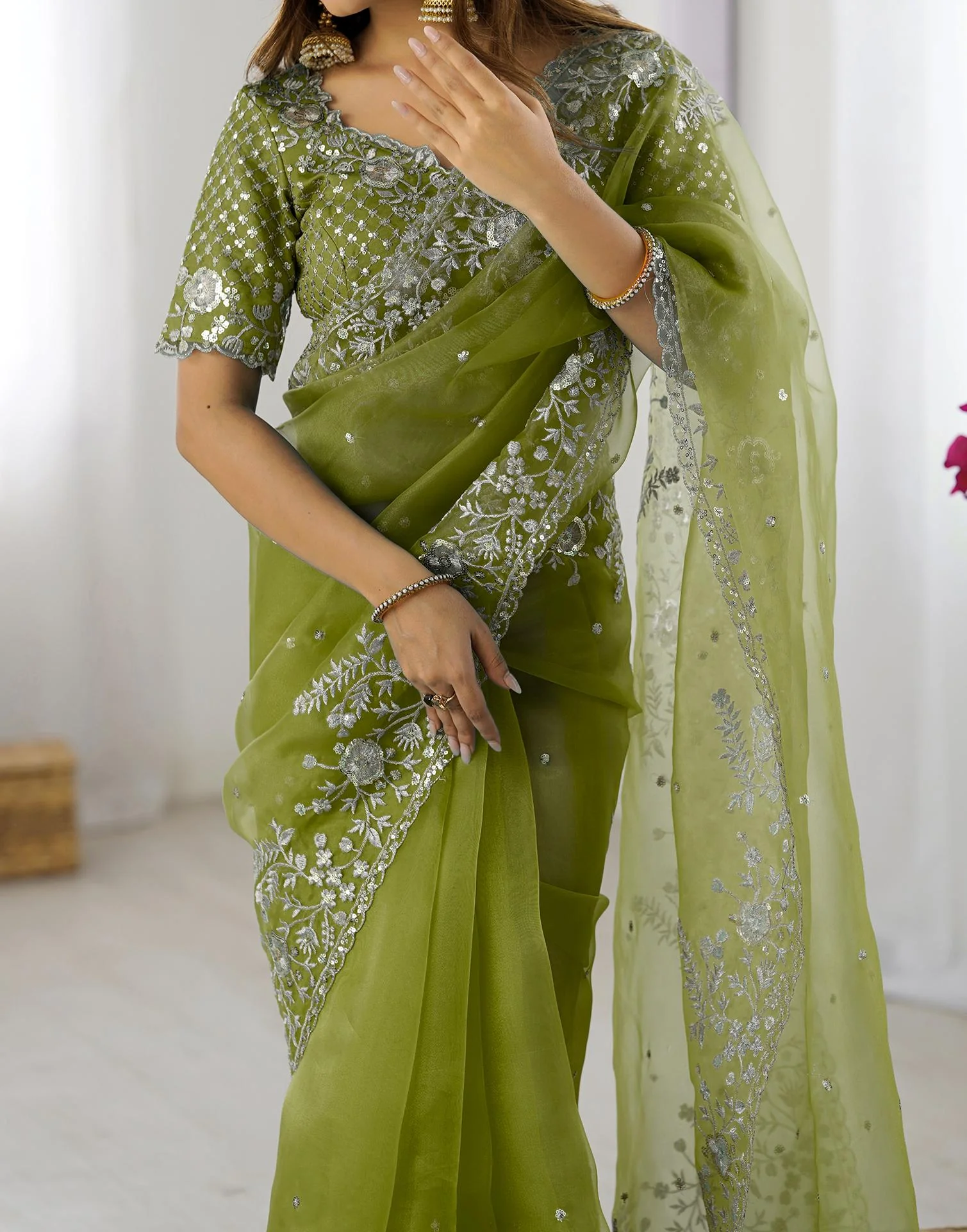 Green Organza Embroidery Lace Saree - Image 7