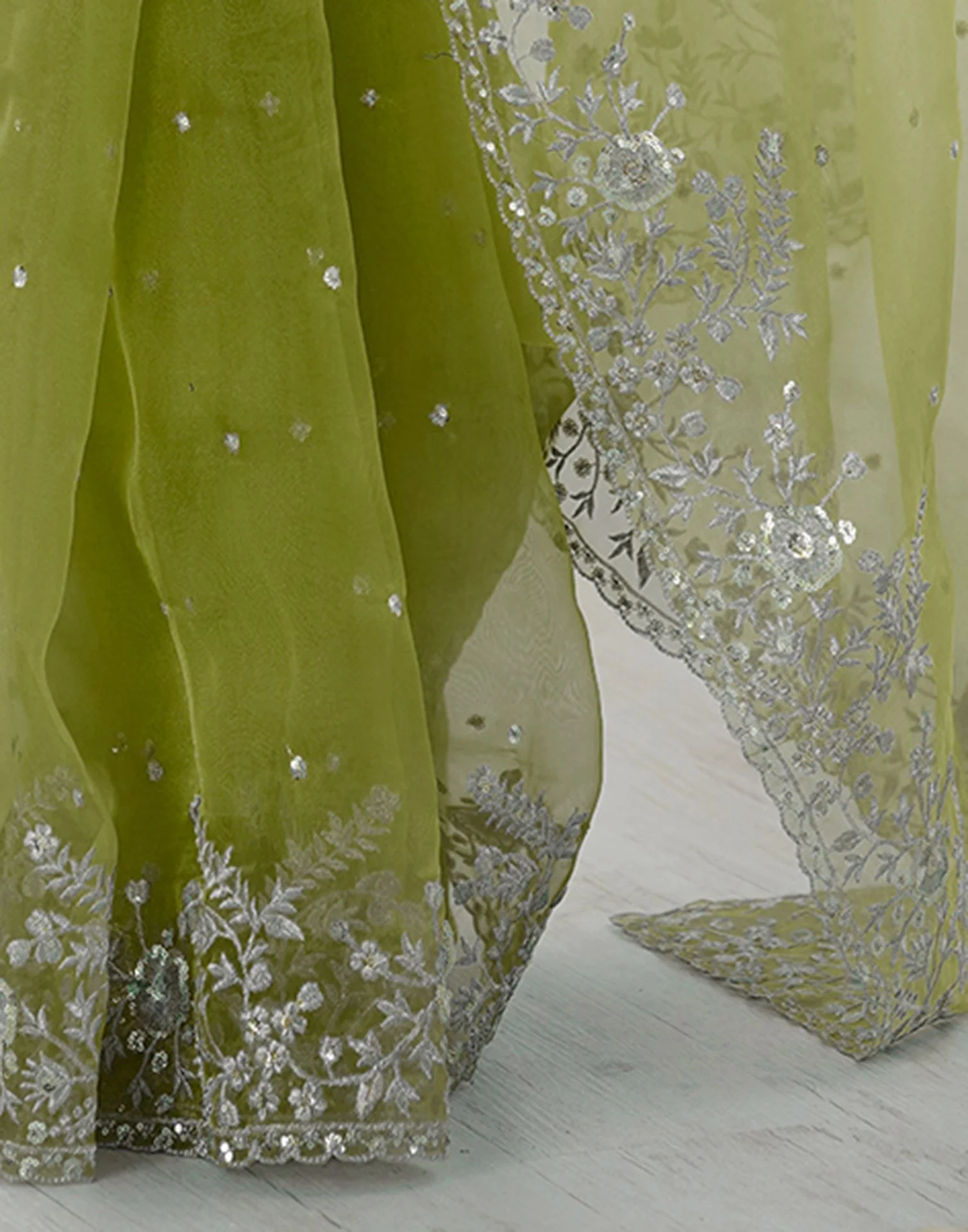 Green Organza Embroidery Lace Saree - Image 8