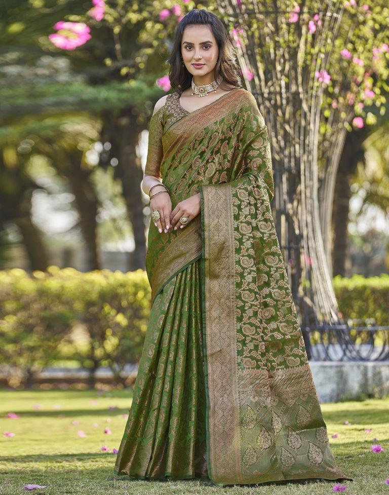 Green Organza Plain Banarasi Saree - Image 4
