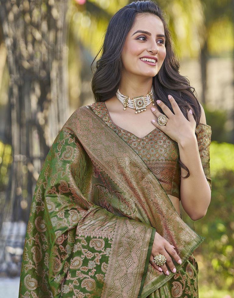 Green Organza Plain Banarasi Saree - Image 5